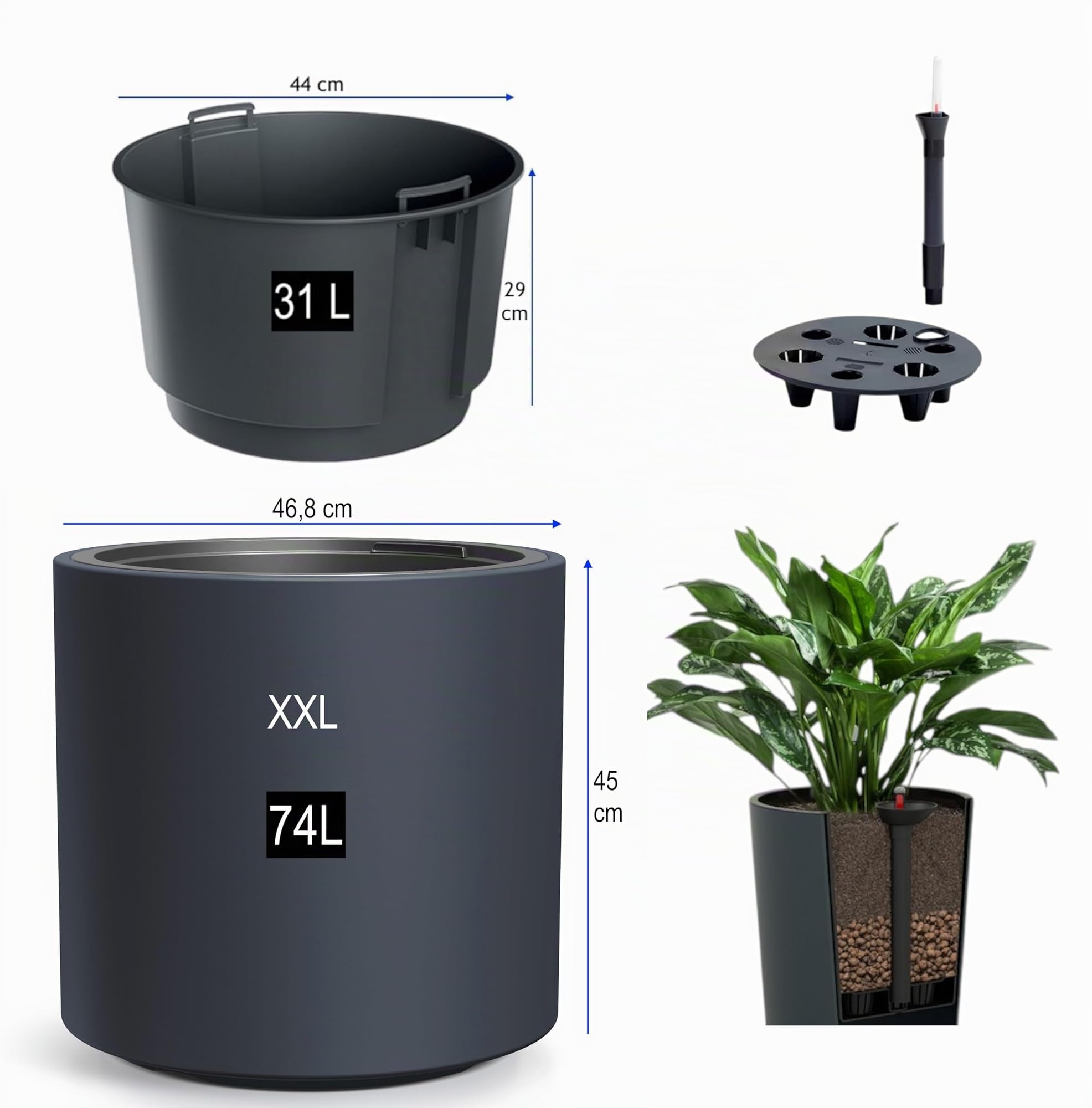 MELTOM Vaso da fiori con inserto e sistema di irrigazione – Rotondo e moderno – Resistente al gelo e ai raggi UV – Vaso per piante in plastica per interni ed esterni – (Antracite, XXL)