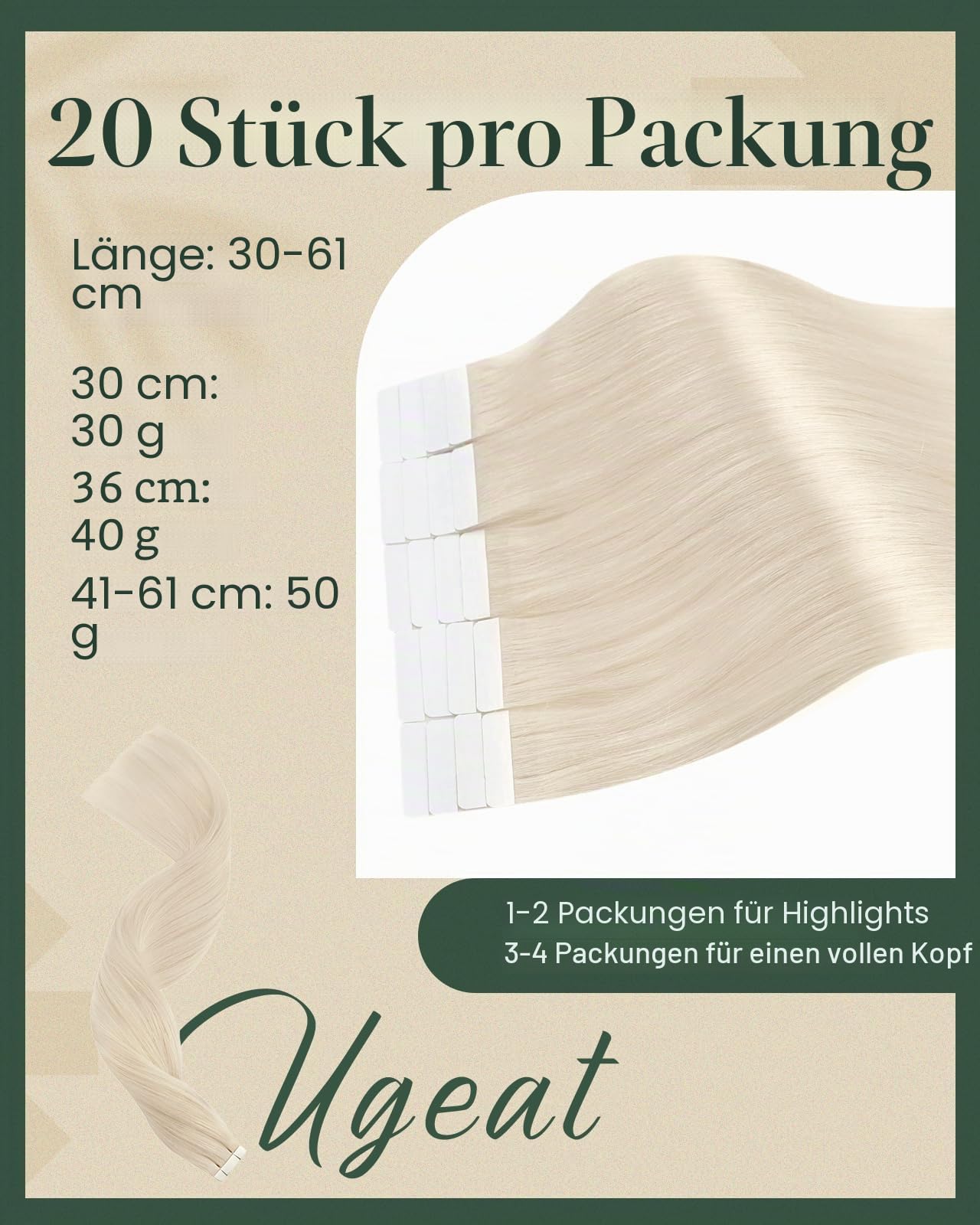 Ugeat Tape Extensions Echthaar Blond,Tape in Extensions Echthaar Blond,Invisible Tape-in Haarverlängerungen Platinblond,Tapes Extension Platinblond,fur Glatt Haare,30 cm,60A,30g,20 Stück
