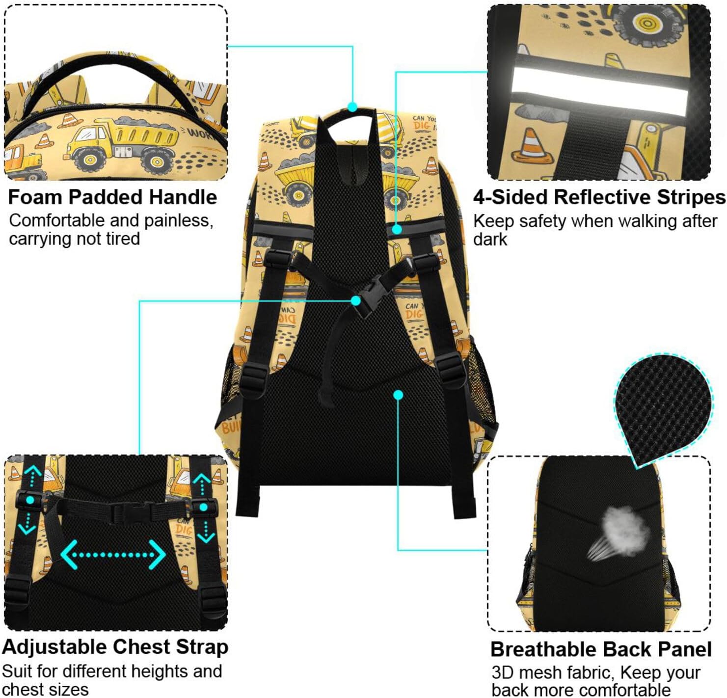 Truck Boys Backpack Yellow Excavator Kids Elementary School Bookbag Travel Rucksack Laptop Bag