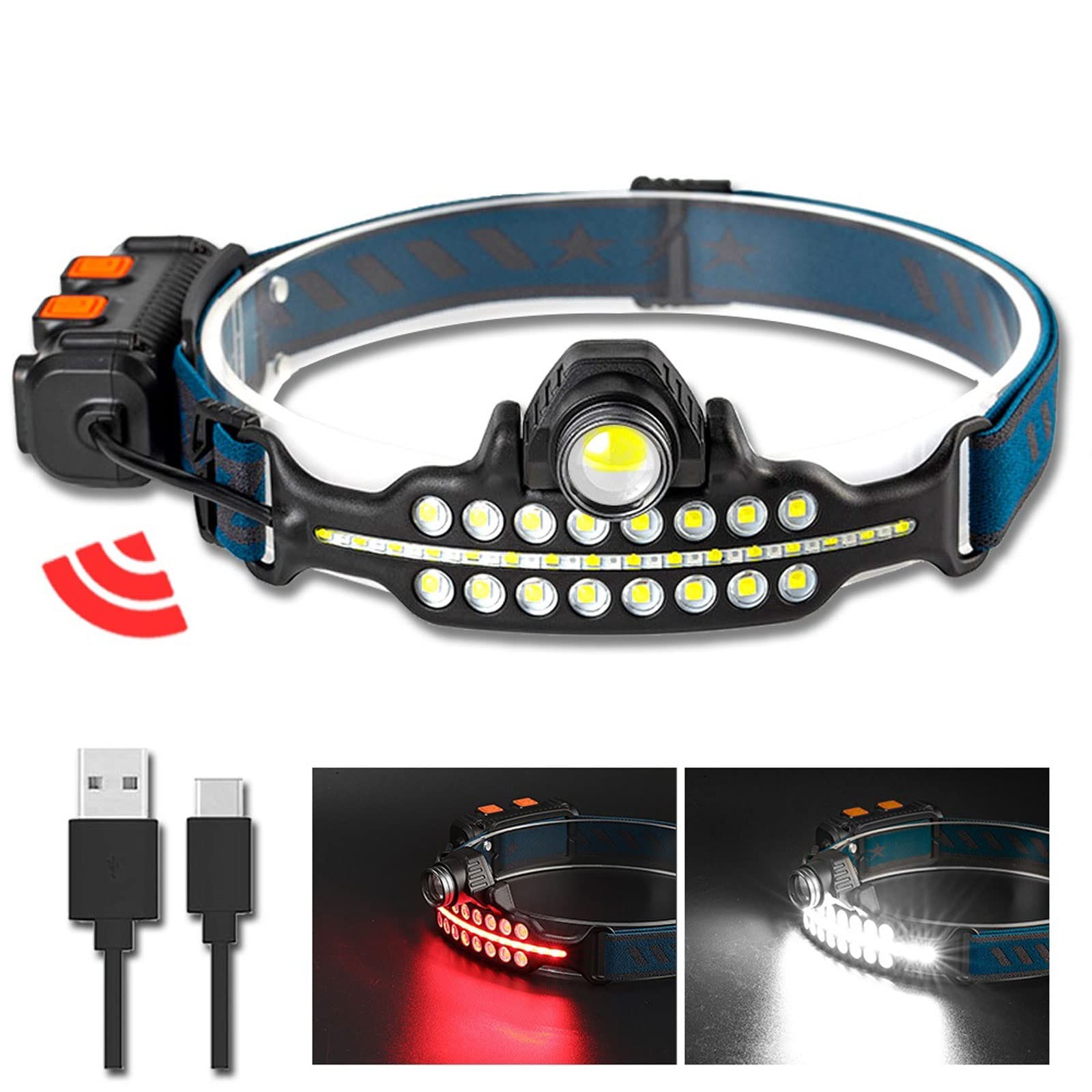 MyrRhe Lampada Frontale Versatile con sensore LED+COB con Funzione Zoom, Torcia a Luce intensa, Ideale per attività all'aperto Come pattugliamento e Pesca