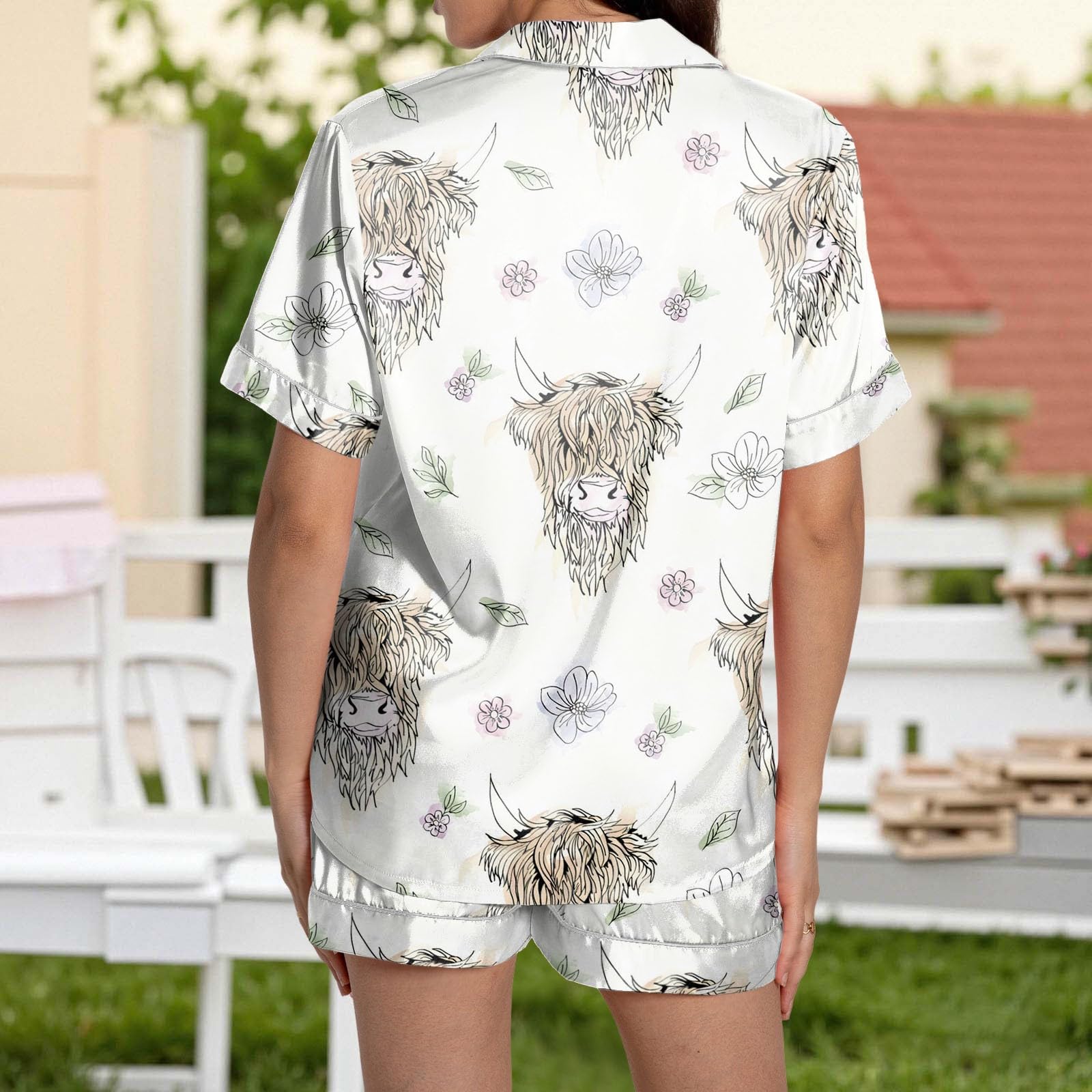 Generisch Haut de pyjama imprimé à manches courtes et short confortable. Vêtements de détente en satin pour vêtements de nuit et vêtements de maison. Tissu doux, léger et respirant.