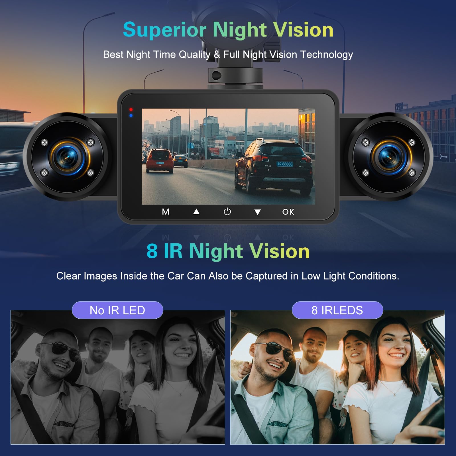 Dash CAM Delantera y Trasera en El Interior, Dash CAM de 4 Canales Pantalla IPS de 3" Delantera y Trasera con Sensor-G, Estacionamiento Las 24H, Visión Nocturna, Grabación en Bucle +Tarjeta de 64 GB