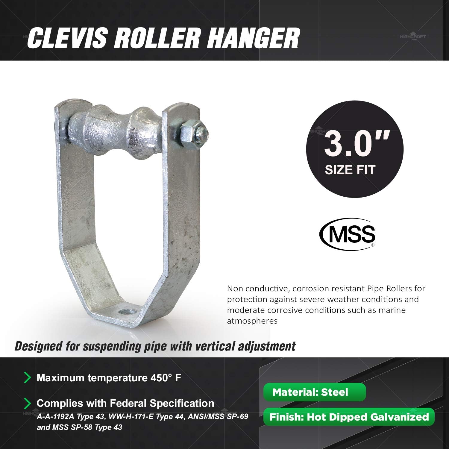 Highcraft ISZB-IE03-5 Clevis Roller Hanger Hot Dipped Galvanized Steel for 3'' Pipe (5 Pack), Chrome