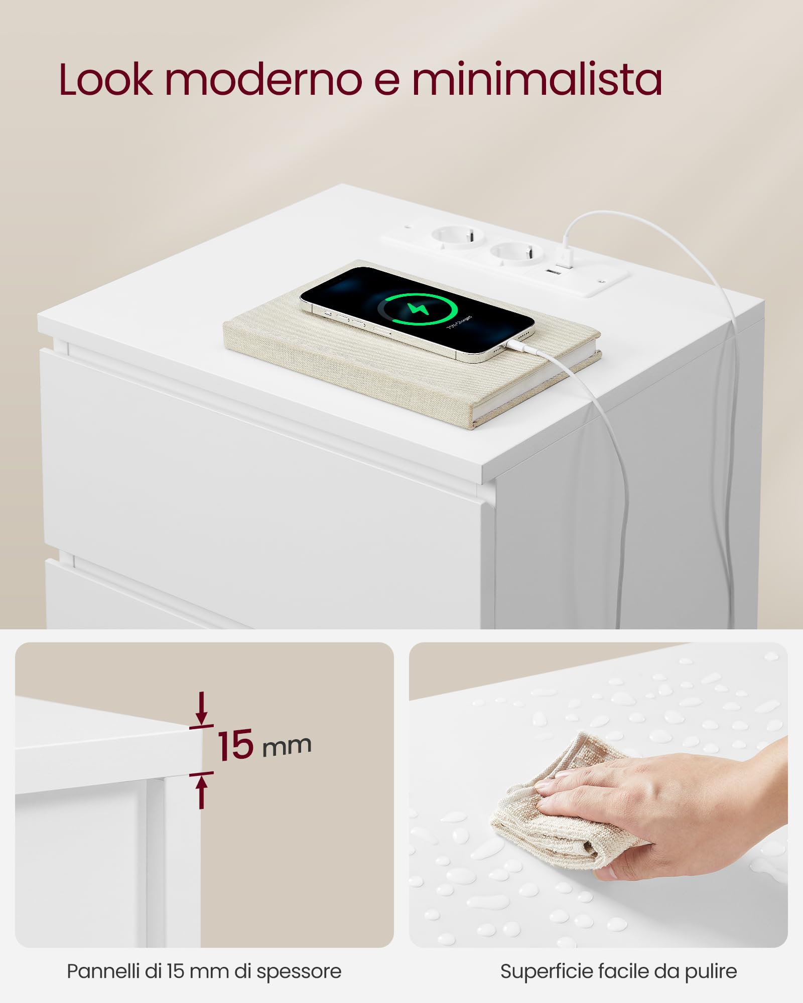 VASAGLE KAILYN Collezione - Comodino con Stazione di Ricarica, con 3 Cassetti, 2 Prese AC 2 Porte USB, per Soggiorno, Camera da Letto, Studio, Bianco Nuvola LET631W14