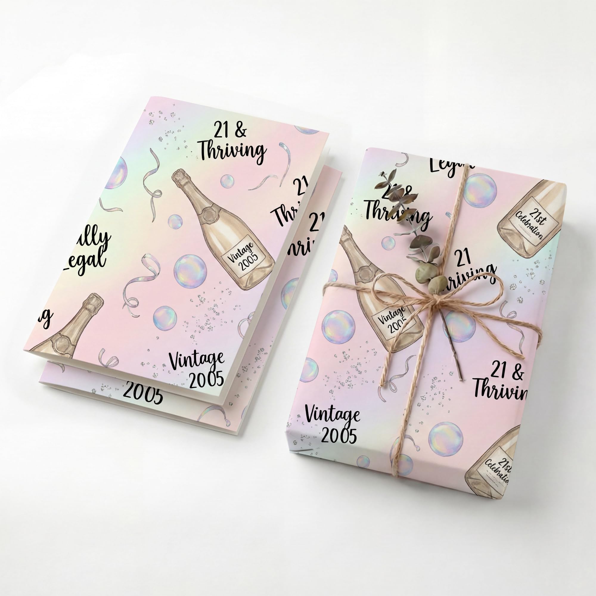 SHSEEN 21st Birthday Champagne Wrapping Paper, 2 Sheets, 19.6 x 27.5 in
