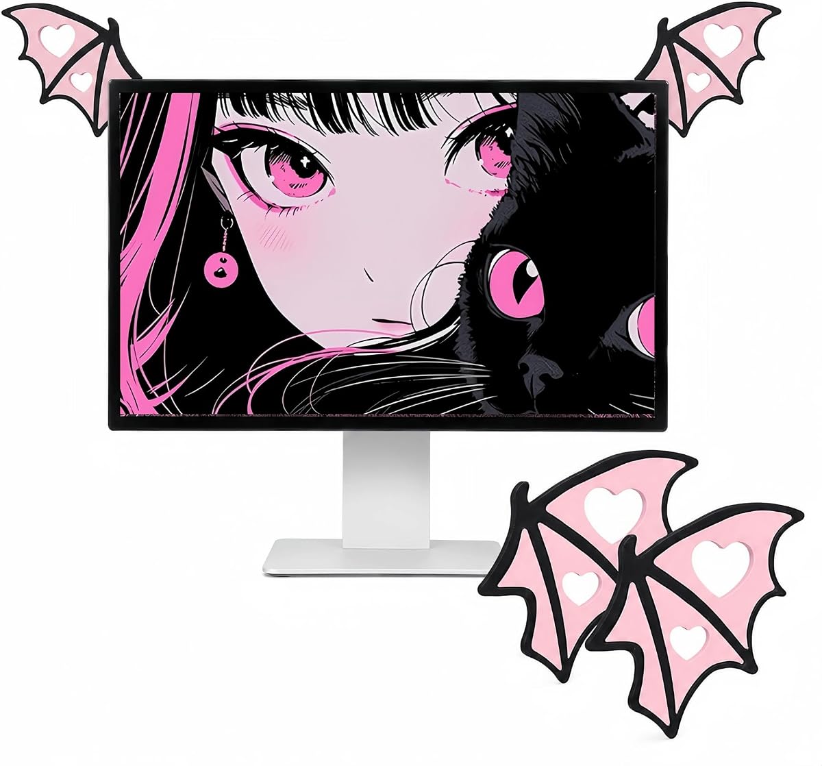 Decoración de monitor de computadora Devil-Wing, lindas figuras de escritorio para configuración de juegos, tablero de instrumentos de automóvil, pantalla de TV/marco de fotos, accesorios de escritorio femeninos, mini computadora portátil, decoración de PC de oficina, negro y rosa