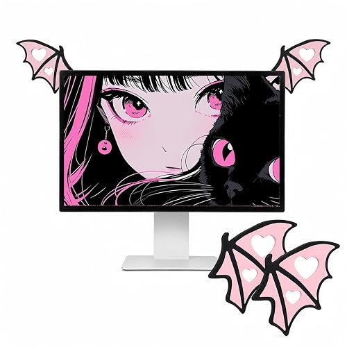 Comeroxyz Devil-Wing Computer Monitor Decor, Cute Desk Figurines for Gaming Setup Car Dashboard TV Screen/Photo Frame Girly Desk Accessories Mini Laptop Office PC Decoration,Black-Pink - Black-pink