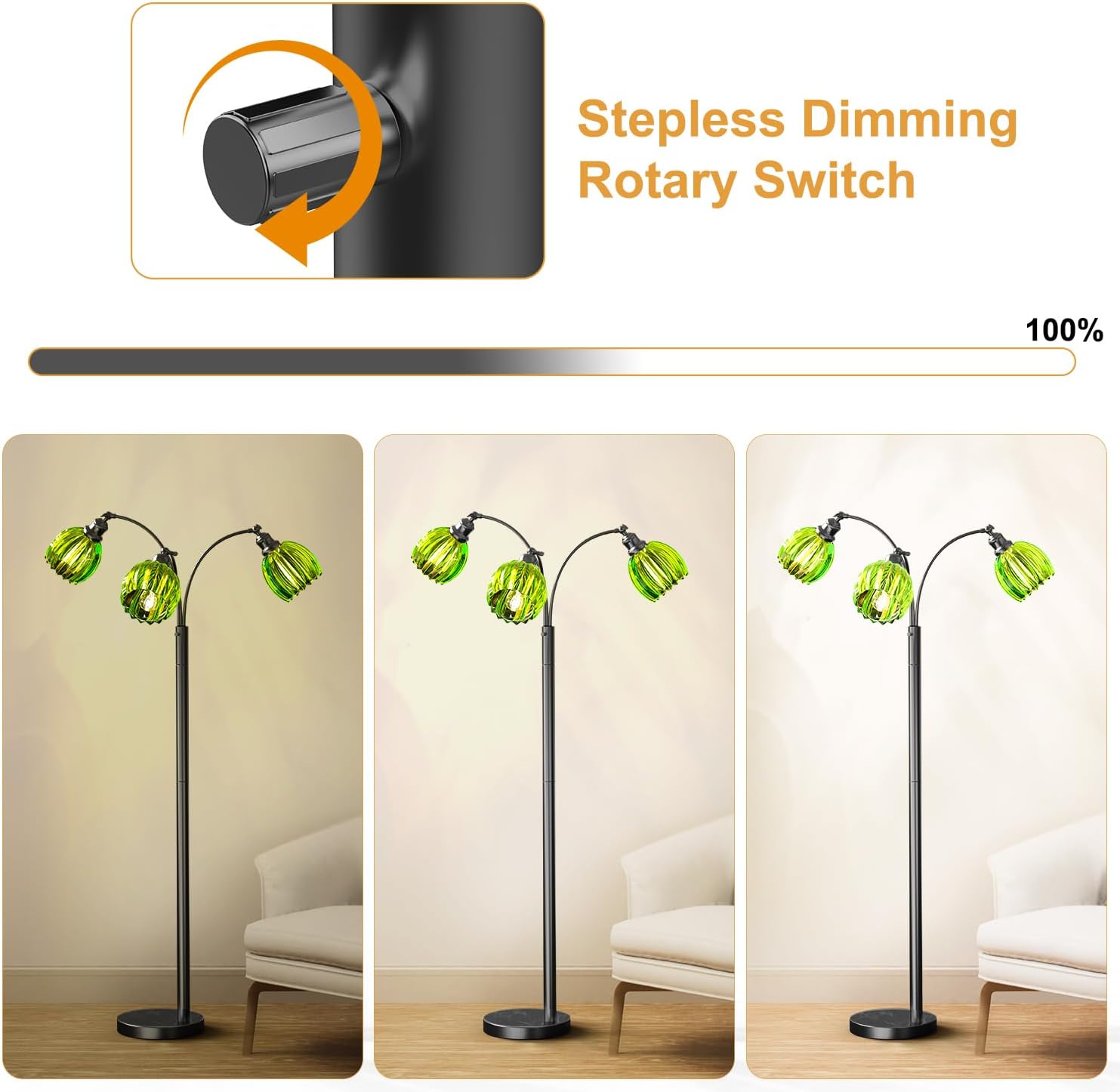 Dimmable Glass Floor Lamp for Living Room, 65in Tall Arc Floor Lamps with Flower Shades & Marble Base, Black Mid Century Modern Tree Floor Lamps for Bedroom Office, 3 LED Bulbs Included