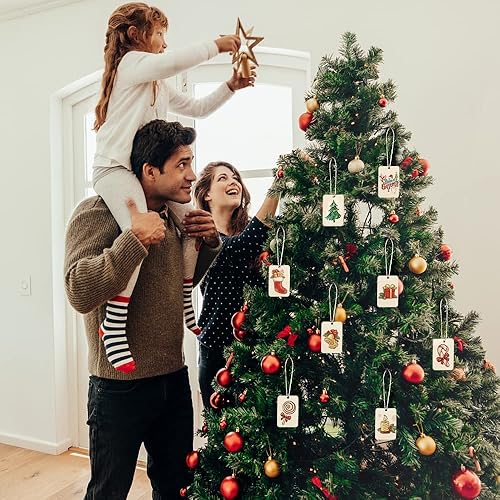 Miniatura 5 de Luckforest Juego de 50 llaveros de madera rectangulares en blanco, rebanadas de madera sin terminar con 50 llaveros, con cuerda de yute y llavero de