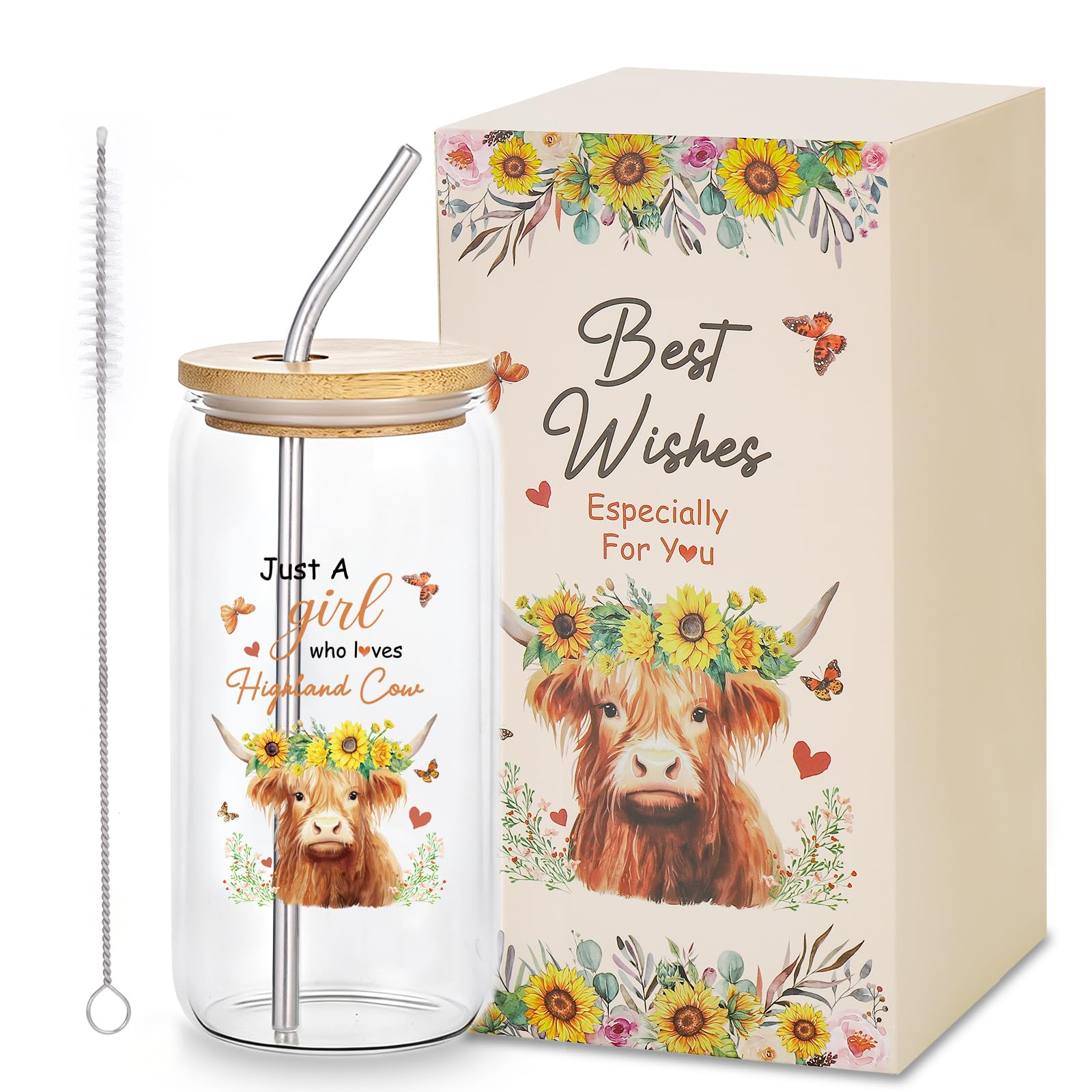 Hejo Highland Cow Glass Cup with Lid & Straw, 500ml