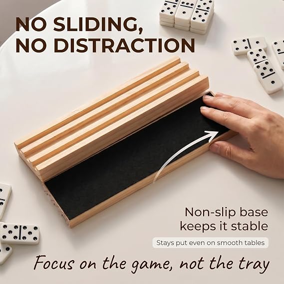 Natural Wood Domino Racks 4 Pack, Premium Domino Tiles Holder with Non-slip Base for Word Tiles, Mexican Train, Mahjong & Chickenfoot Games, Dominoes NOT Included
