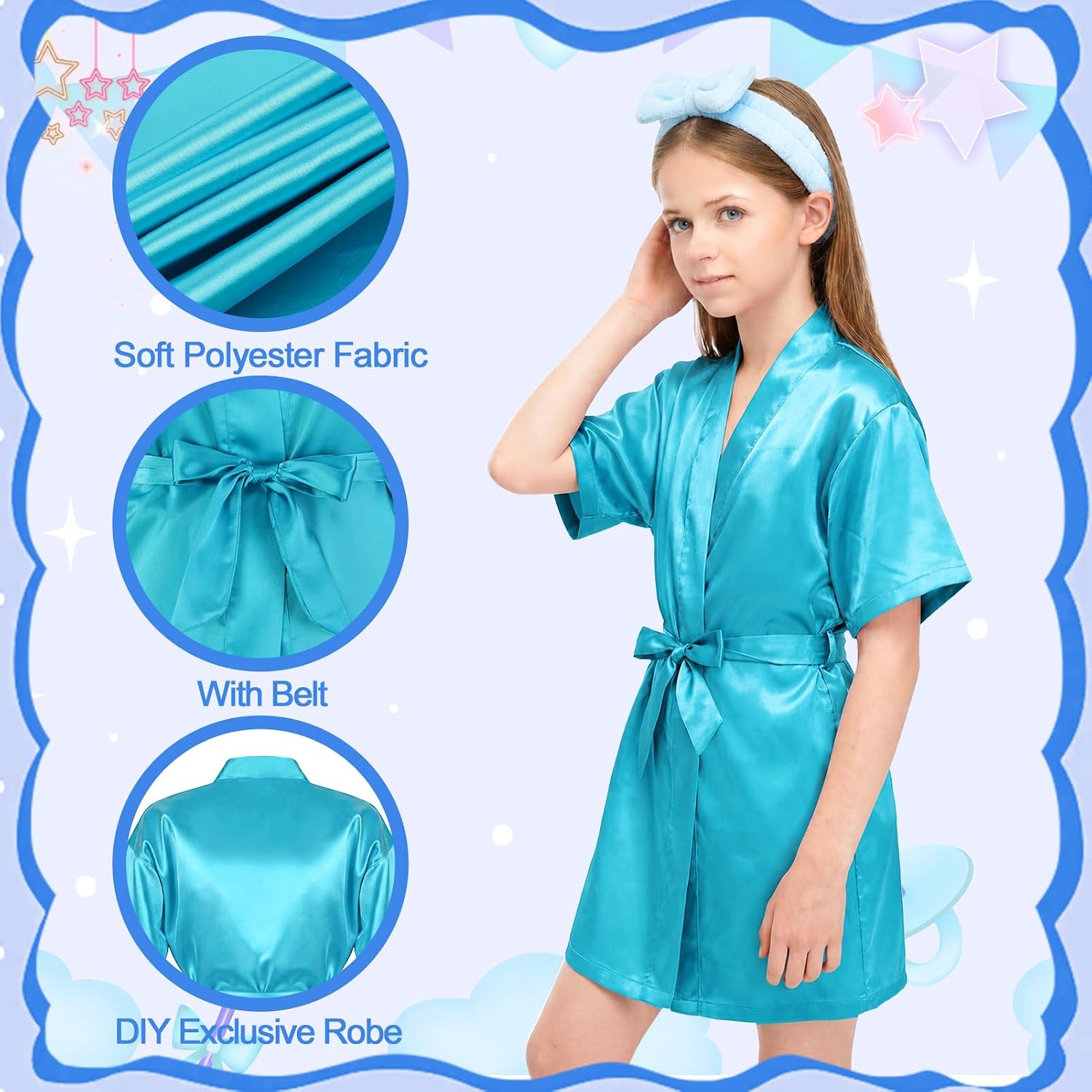 6 Set Girls Spa Party Supplies Kit 83 PCS Includes Satin Robes Headbands Slippers Nail Kit Masks Towel Brush Set for Birthday Sleepover Blue Birthday Theme