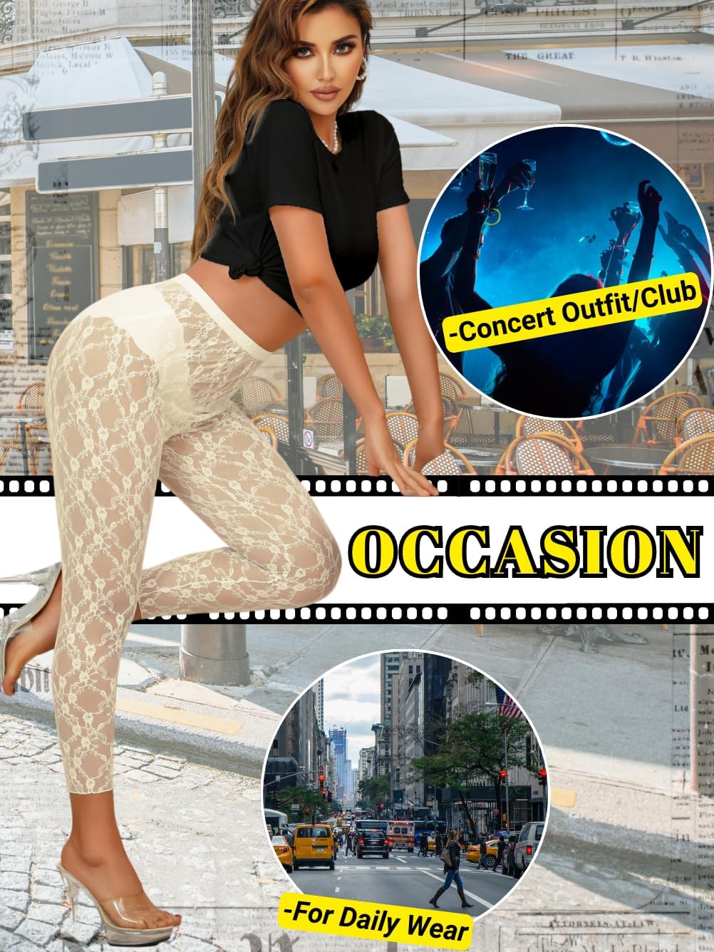 Floral Lace Leggings,High Waisted Footless Tights for Women,Sheer Mesh Pants Bridal Date Night Concert - Image 7