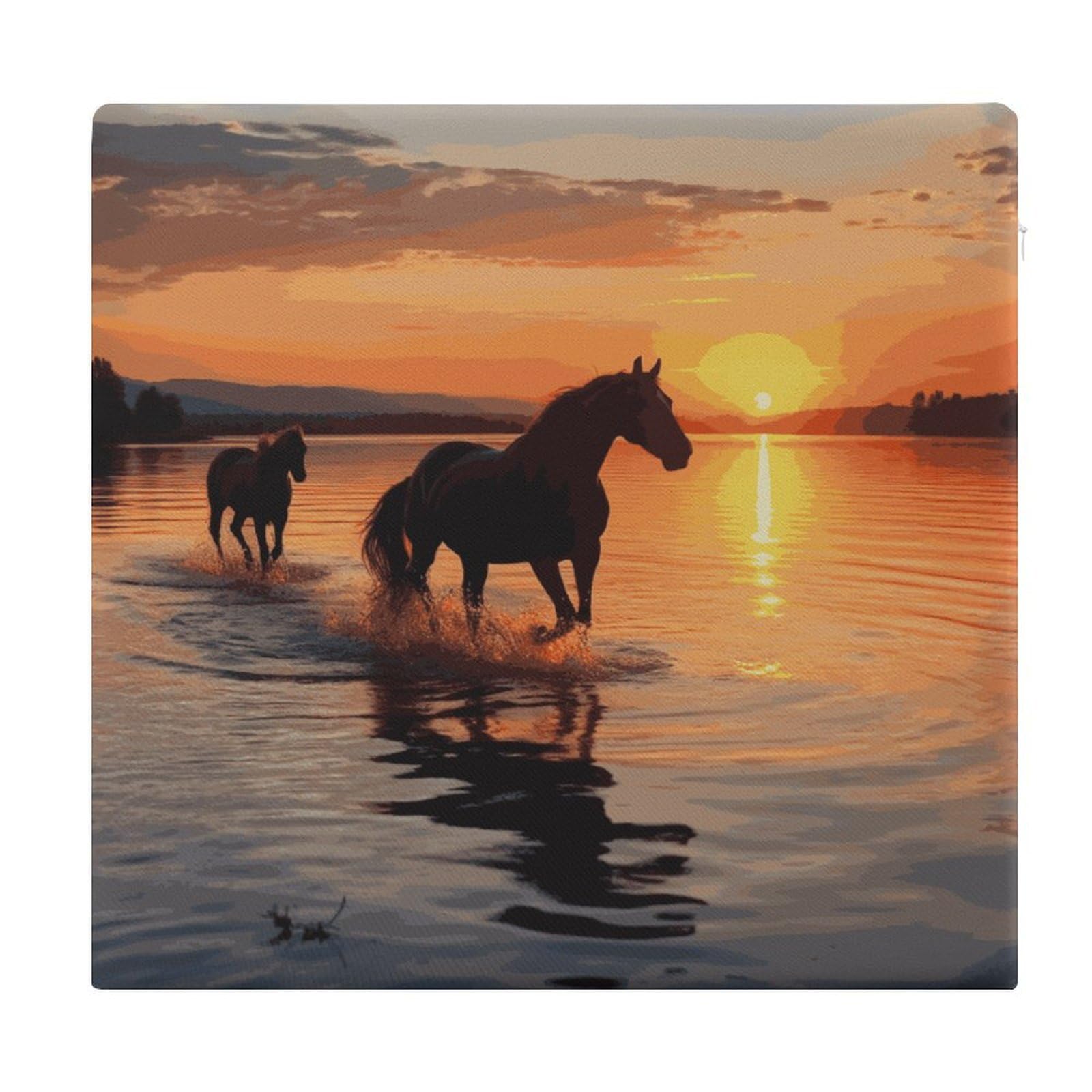 JTREHY Sunsets Lake Horses Square Seat Cushion Non-Skid Memory Foam Chair Pad Comfort Meditation Floor Pillow Breathable Square Seat Cushions with Zipper Removable Machine-Washable