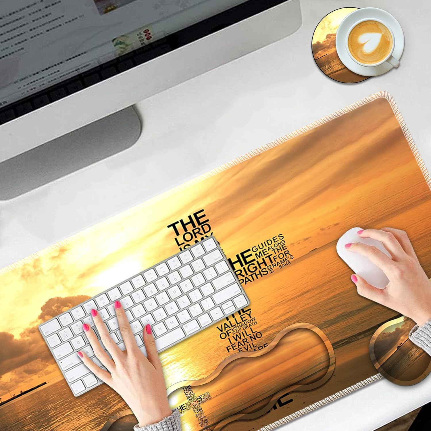 Large Mouse Pad Set, Desktop Mouse Pad + Keyboard Wrist Pad + Mouse Wrist Pad + Coaster, Ergonomic Memory Foam Multi-functional Desk Mat - Evening Calm