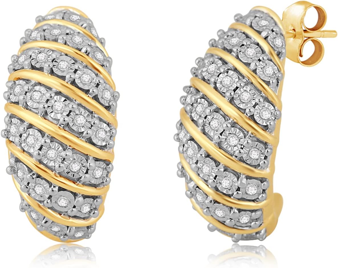 Jewelili 14K Yellow Gold Plated Sterling Silver 1/4 Cttw Round Natural White Diamonds Hoop Earrings