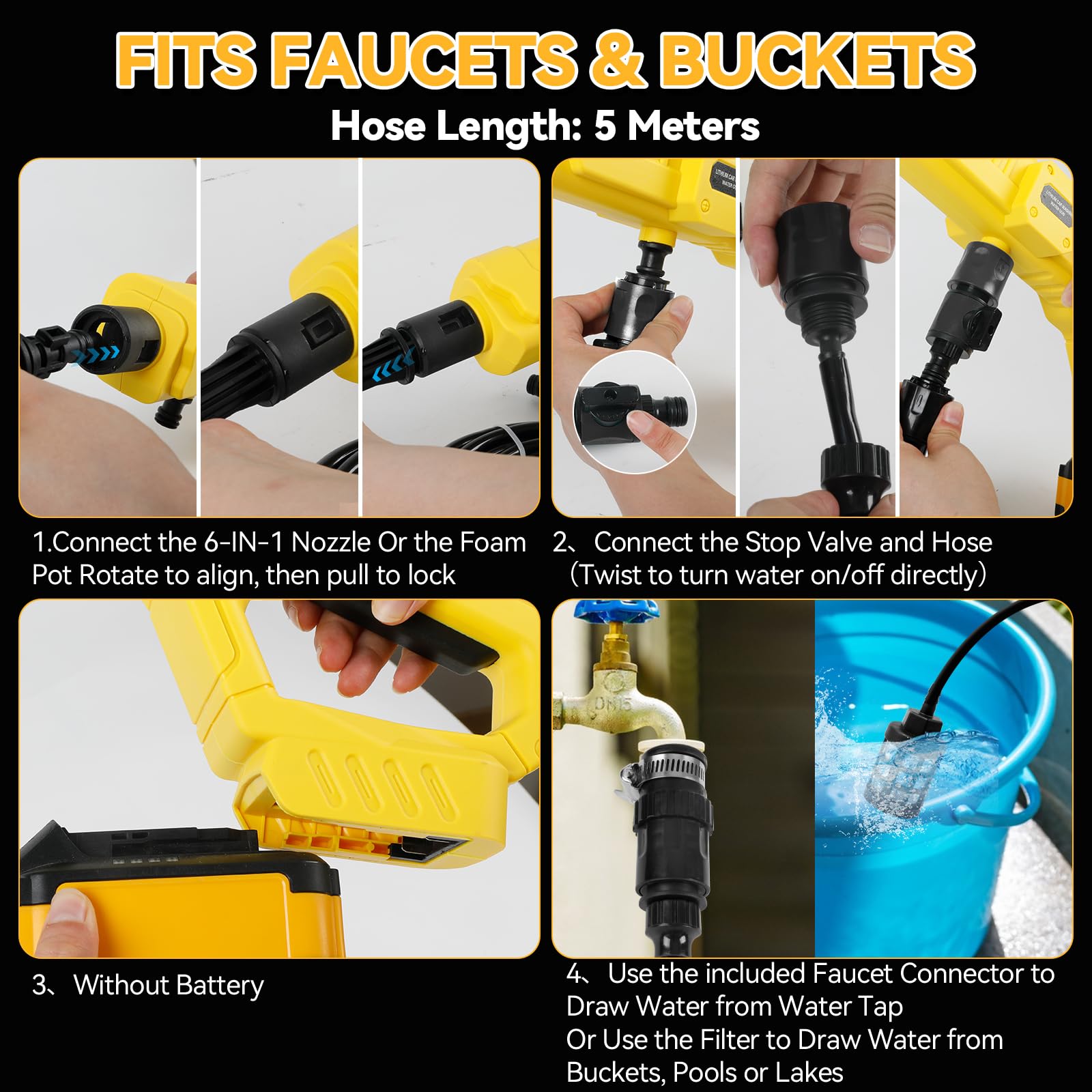 Limpiador de alta presión compatible con Dewalt 18/20 V, portátil de 69 bar, pistola de limpieza a presión con boquilla de pulverización 6 en 1, manguera de 5 m para riego de suelo de coche (sin