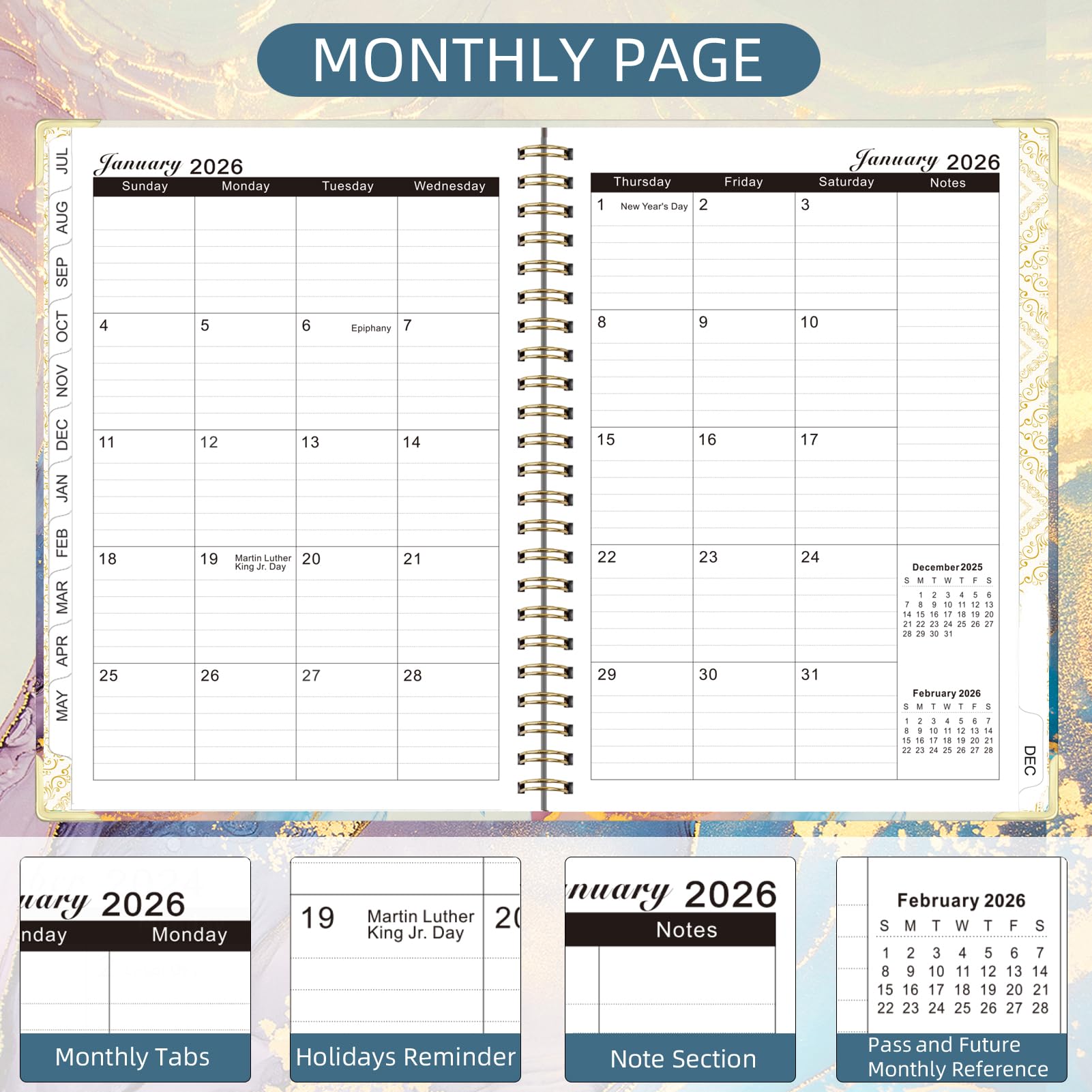 Knagsfa 2026 Planner, Jan.2026 - Dec.2026 Weekly Monthly Planner 6.25"x8.5" with Page Tabs, Calendar Hardcover with Inner Pocket, Elastic Band, Twin-Wire Binding, Bookmark, Blue Gold Marble - Image 3