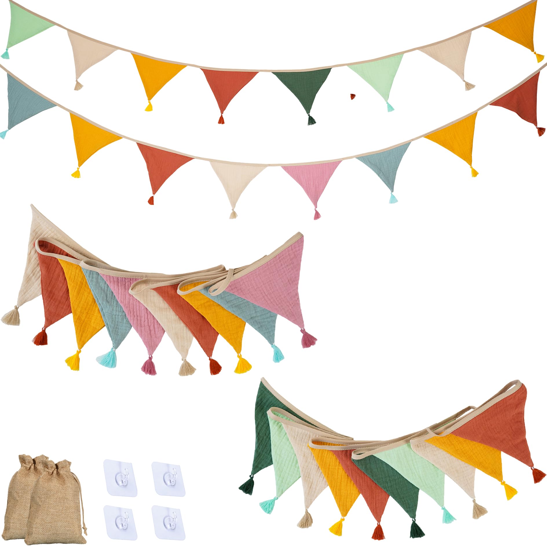Solivive Kids Fringed Triangle Bunting set - 20pcs Fabric Banners (Pink Candy+Dark Candy) with 4 Drill-Free Acrylic Hooks, 2 Linen Bags for Birthday/Kids' Room/Kindergarten/Camping Party Hanging
