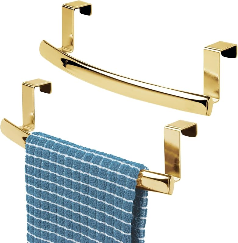 mDesign Toallero curvado de acero para colgar sobre la puerta, colgador para armario o alacena, soporte para cocina, baño, toalleros, paños, colección Spira, paquete de 2, latón suave