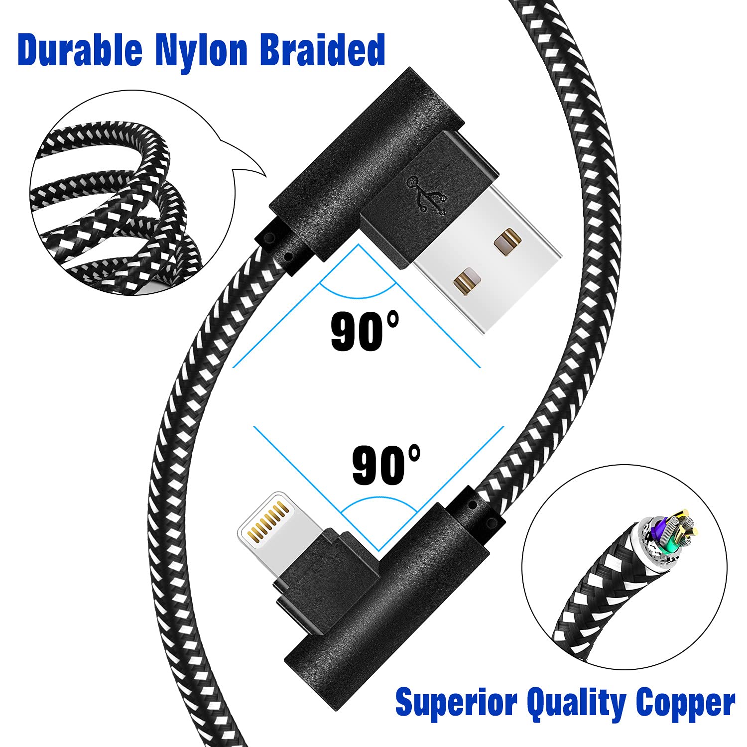 iPhone Charger [MFi Certified] 3 Pack (3/6/10FT) Nylon Braided Lightning Cable Right Angle Fast Charging Cords Compatible with iPhone 13/12/11/ Xs/XS Max/XR/X/8/8 Plus/7/7 Plus iPad iPod AirPods : Electronics