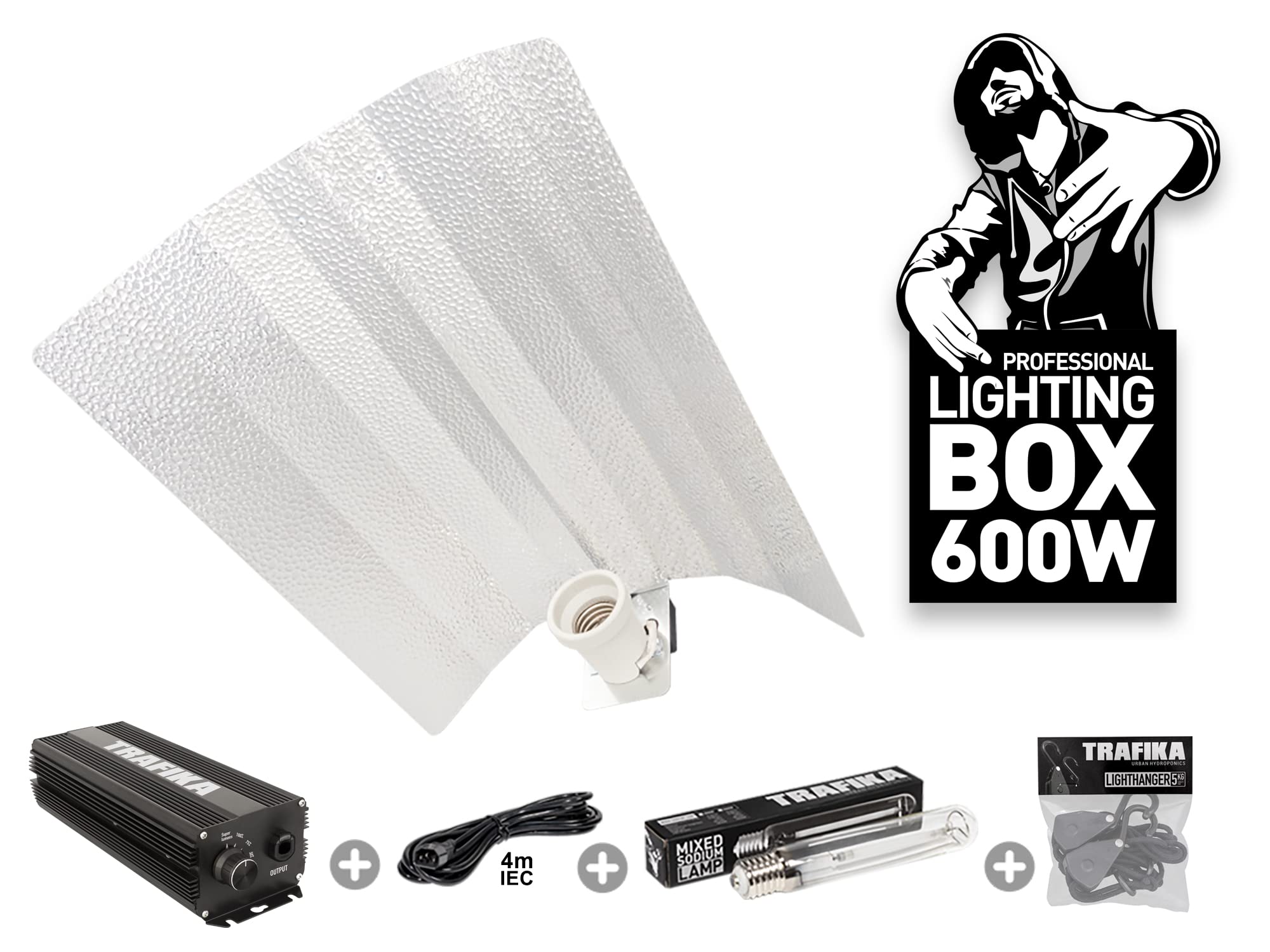 TRAFIKA KIT ILUMINACIÓN CULTIVO BALASTRO DIGITAL 600W: BALASTRO DIGITAL REGULABLE 600W + BOMBILLA + 4M CABLE + POLEAS + REFLECTOR/KIT ILUMINACION/BALASTRO ELECTRÓNICO
