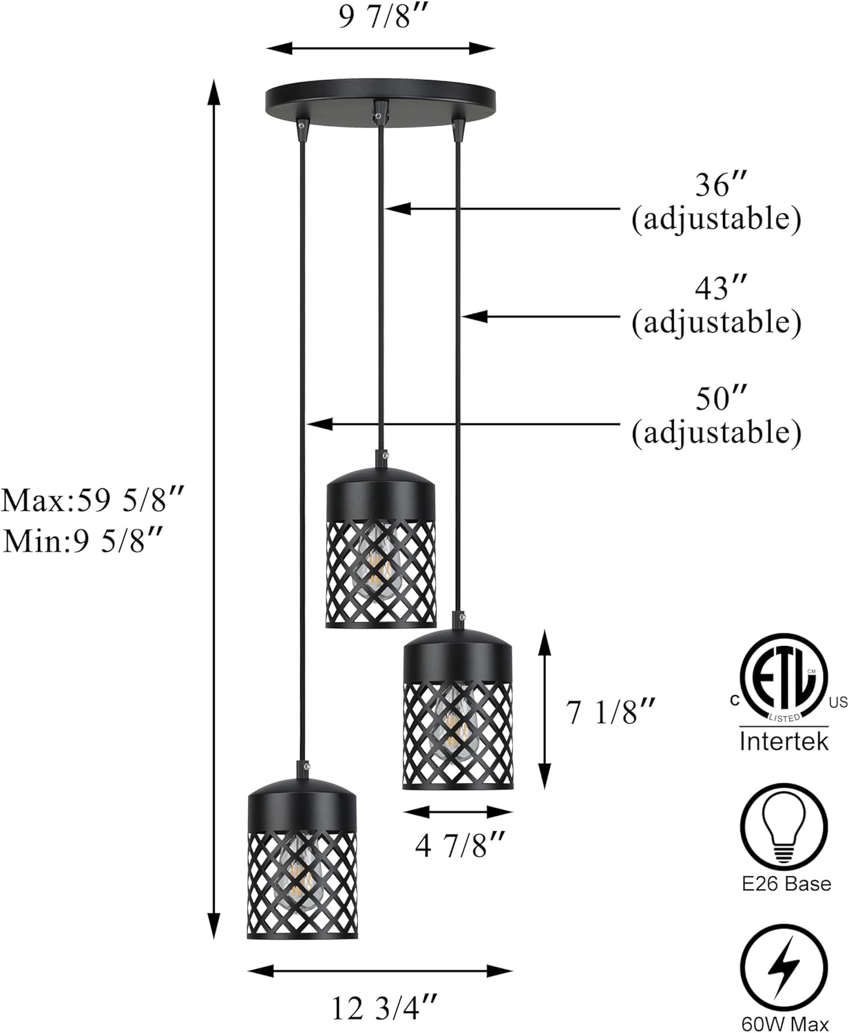 XiNBEi Lighting 3-Light Cluster Pendant Light Fixtures, Farmhouse Adjustable Kitchen Island Lighting Metal Cage Black Hanging Lights for Kitchen Staircase Entry Dining Room XB-P328-3-MB