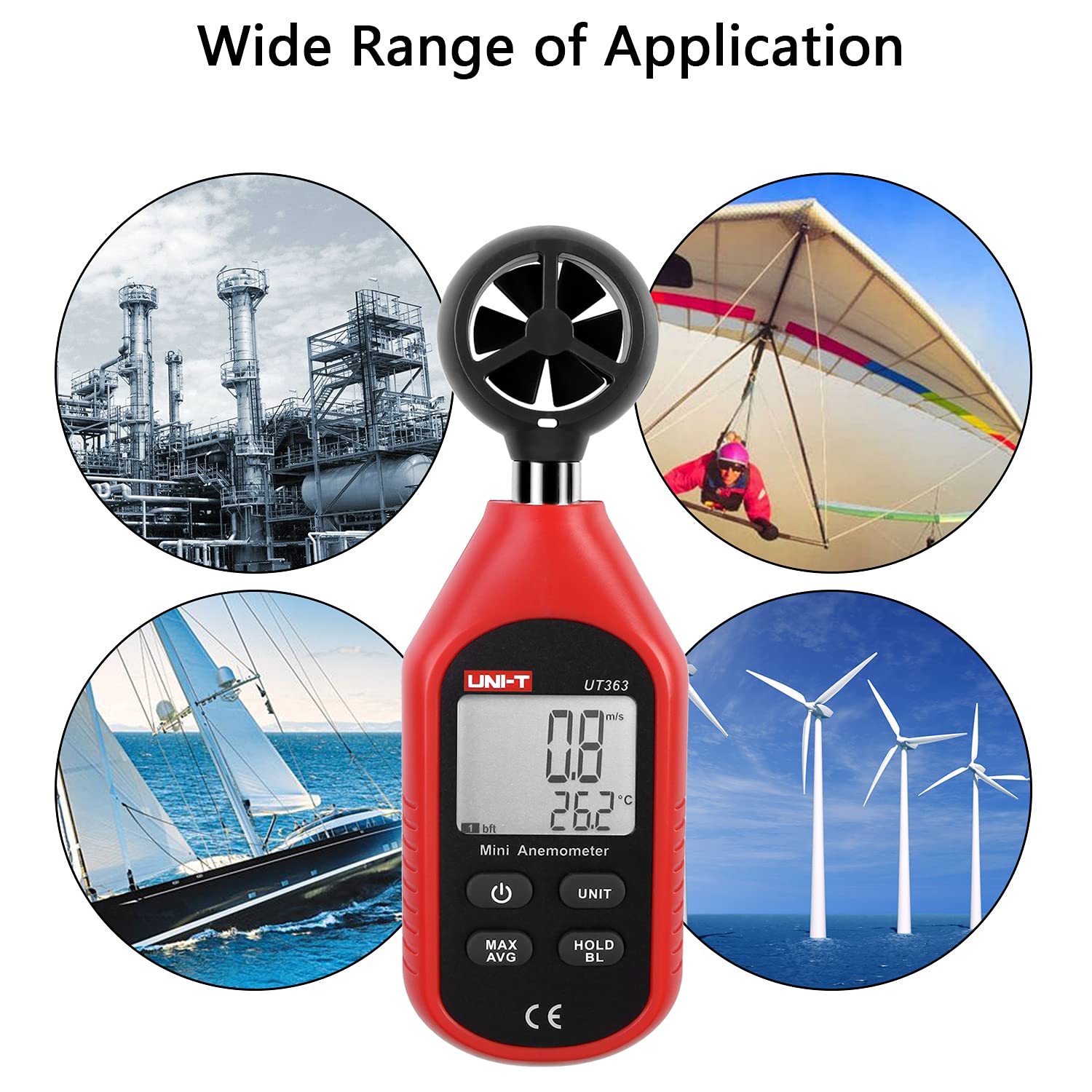 UNI-T UT363 Anemómetro Digital Portátil Pantalla LCD Medidor Velocidad Viento Aire