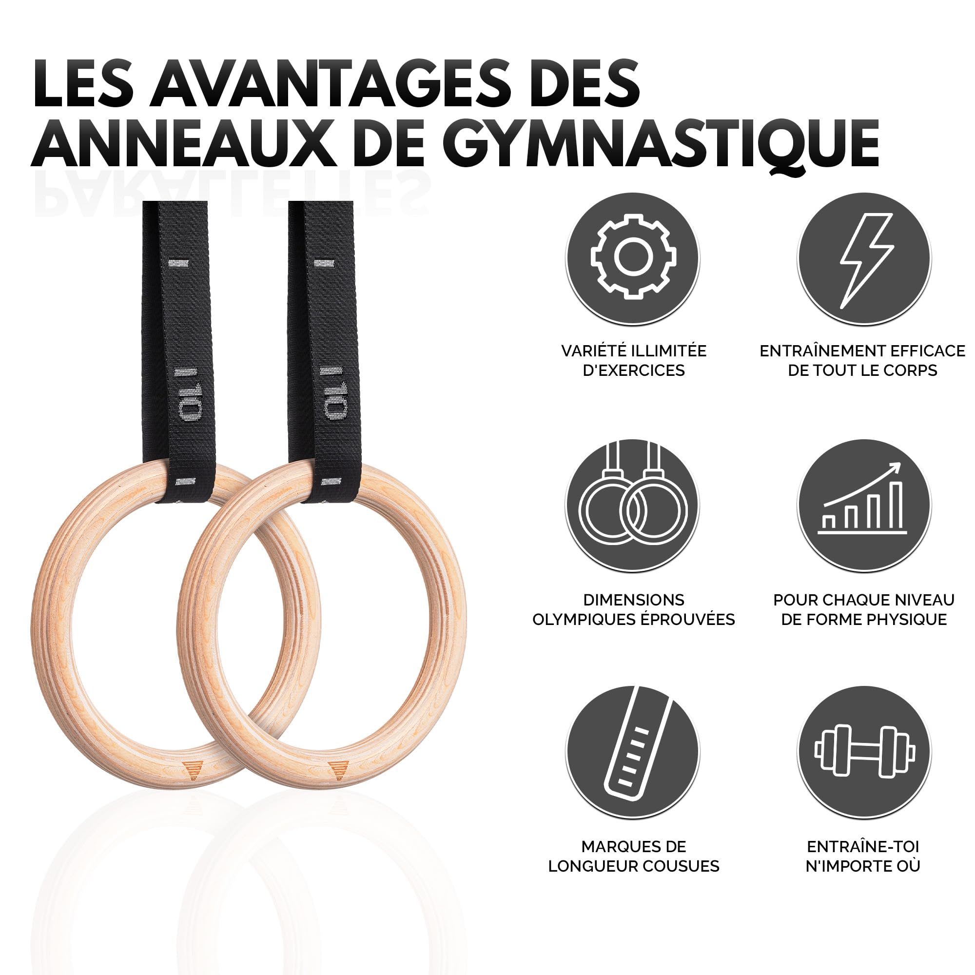 GORNATION Anneaux de Gymnastique en Bois, Anneaux Olympique pour Fitness, Sport, Street Workout, Gym, Musculation, Crossfitness, Anneau Gymnastique + Sangles et Sac pour Séances en Intérieur/Extérieur