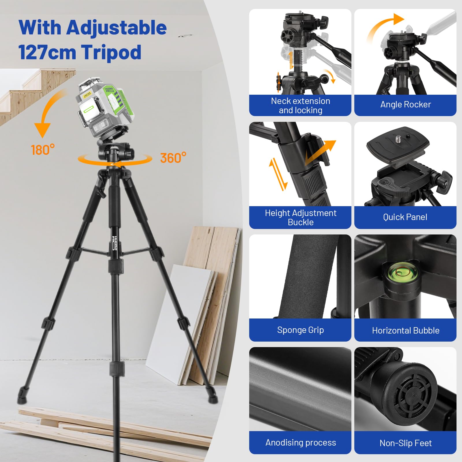 Huepar Pro Kreuzlinienlaser mit Stativ, 360 Laser Wasserwaage Selbstnivellierend Linienlaser Fernbedienung, 127 cm Stativ, 10 Stunden Arbeitszeit Wiederaufladbar, ±2mm hohe Genauigkeit Transportkoffer