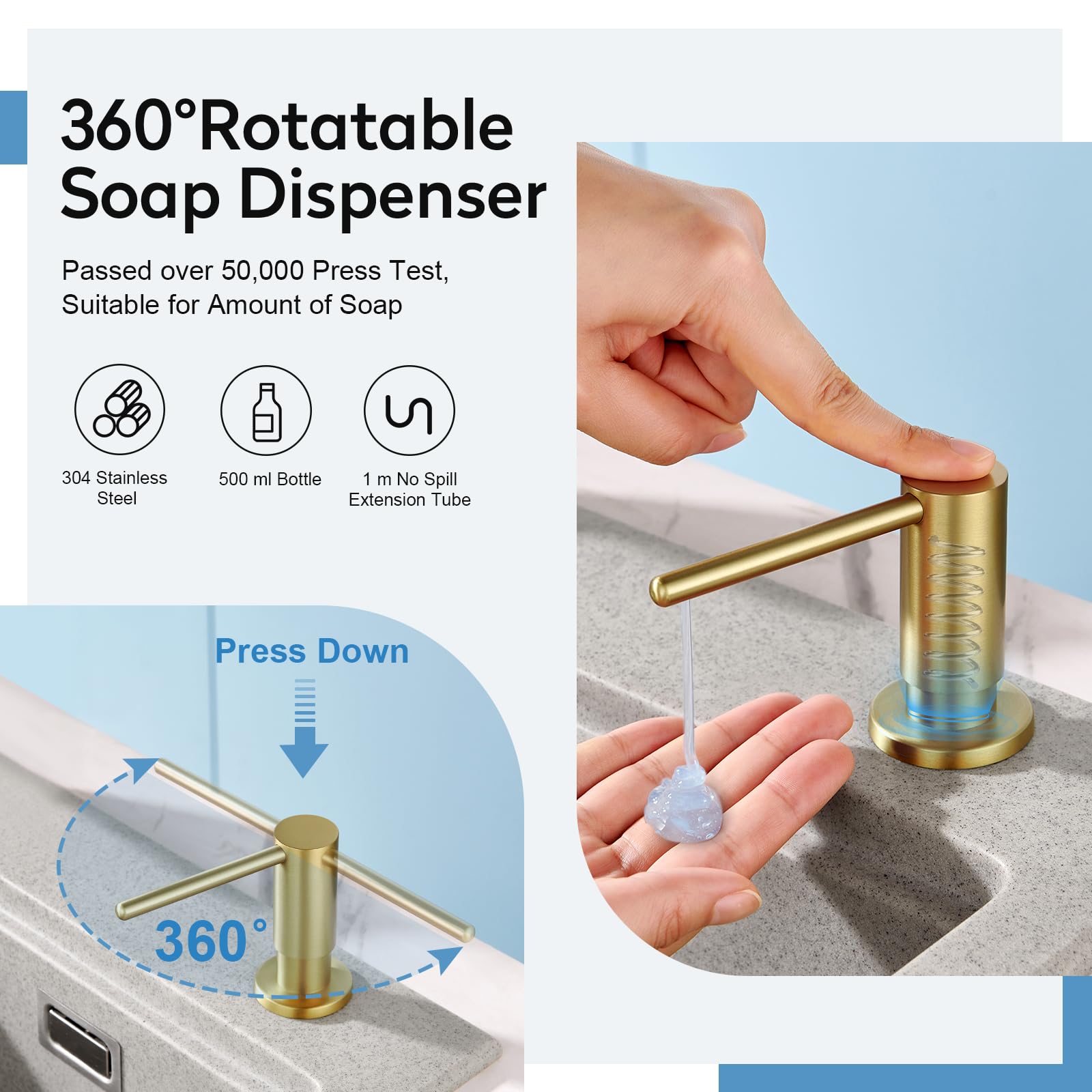 Distributeur de savon intégré pour évier de cuisine - Encastré - Avec bouteille de 500 ml et tuyau d'extension de 1 m - Remplissage par le haut - En acier inoxydable brossé doré