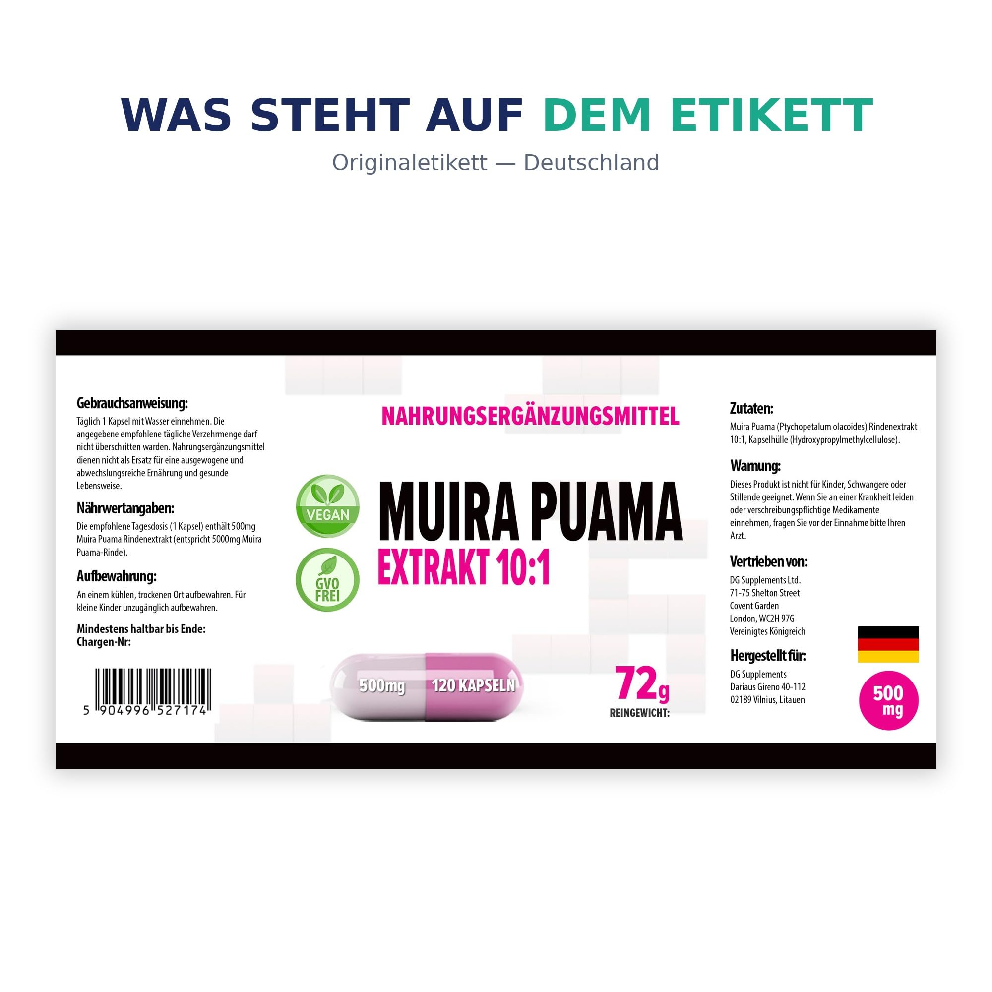 Hepatica Muira Puama (Ptychopetalum Olacoides) 5.000 mg Äquivalent | 500 mg 10:1 Rindenextrakt hochdosiert | 120 vegane Kapseln | GMP & Laborgeprüft