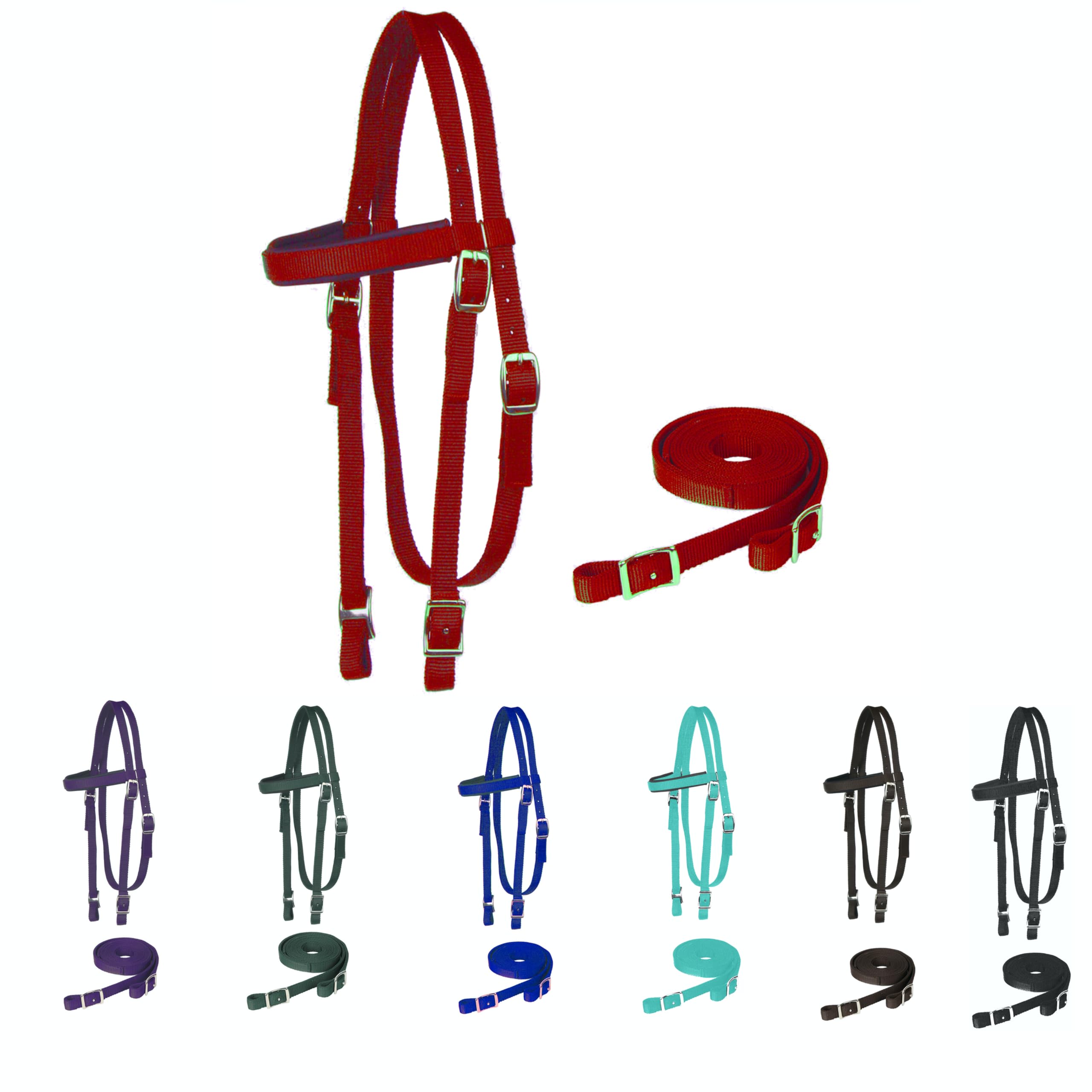 Majestic Ally Horse Headstall with Reins, Nylon Padded Browband, Multiple Colors (Red, Draft)