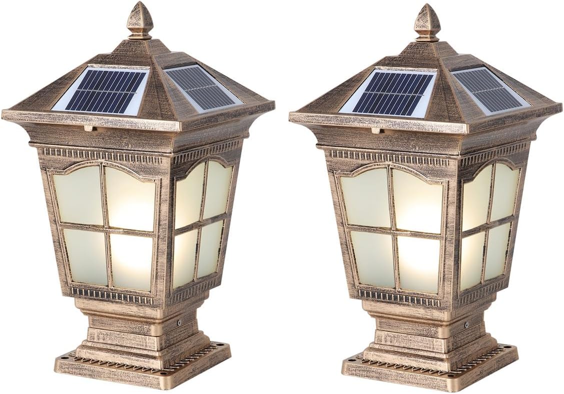 Solar Post Lights IP65 Waterproof Solar Outdoor Column Lights Die-Casting Aluminum Outdoor Post Lights Fixture with Remote Control Tricolor Dimming