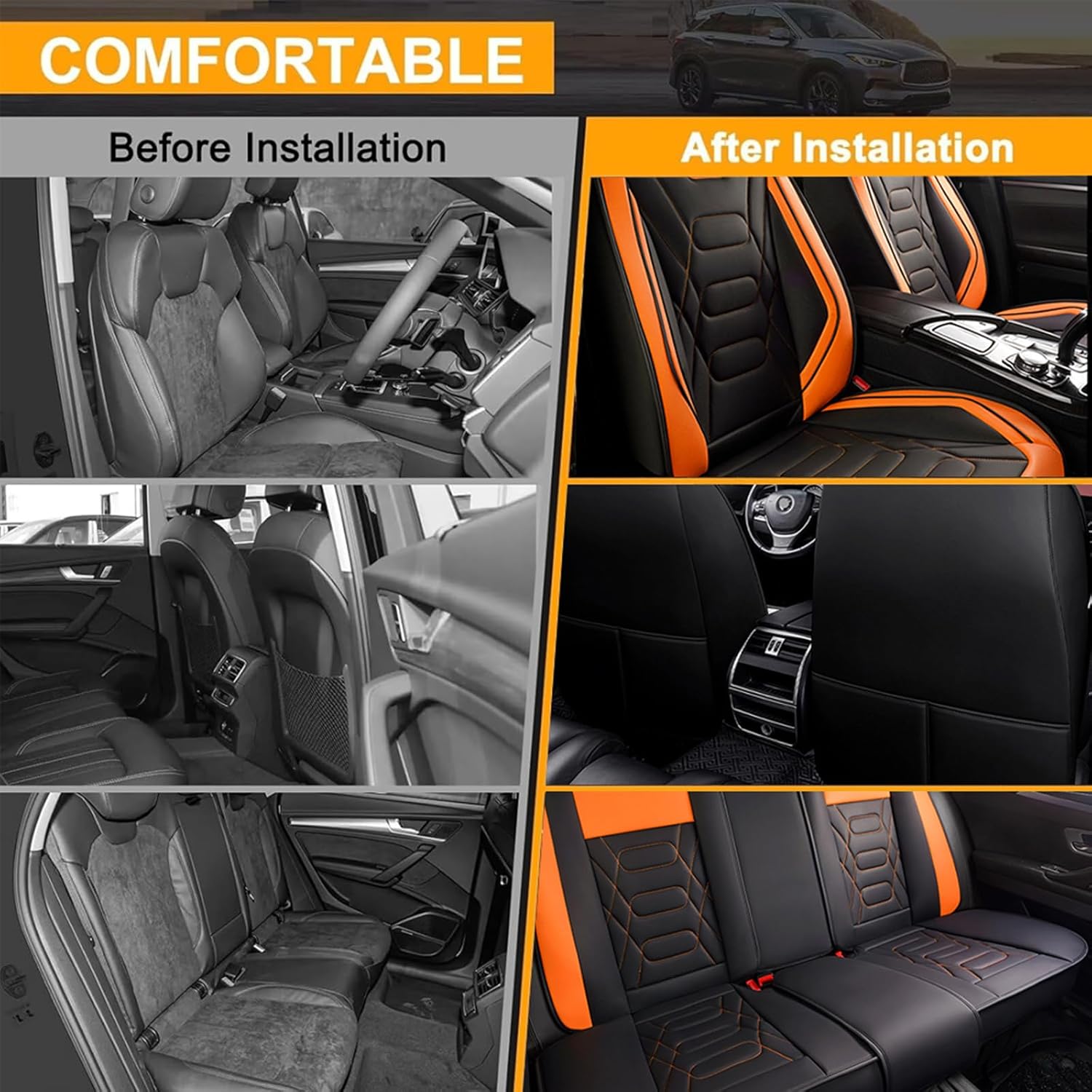 Car Seat Covers for Honda Passport 2024-2026, Full Set 5 Seat Premium Napa Leather Waterproof Breathable Anti-Slip Seat Protectors with Airbag Compatible Design(Standard,Black&Orange)