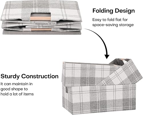 Miniatura 3 de LaMorée Caja de almacenamiento de tela, cubo de almacenamiento plegable de algodón y lino con asas de madera, rectangular, decorativo, para el