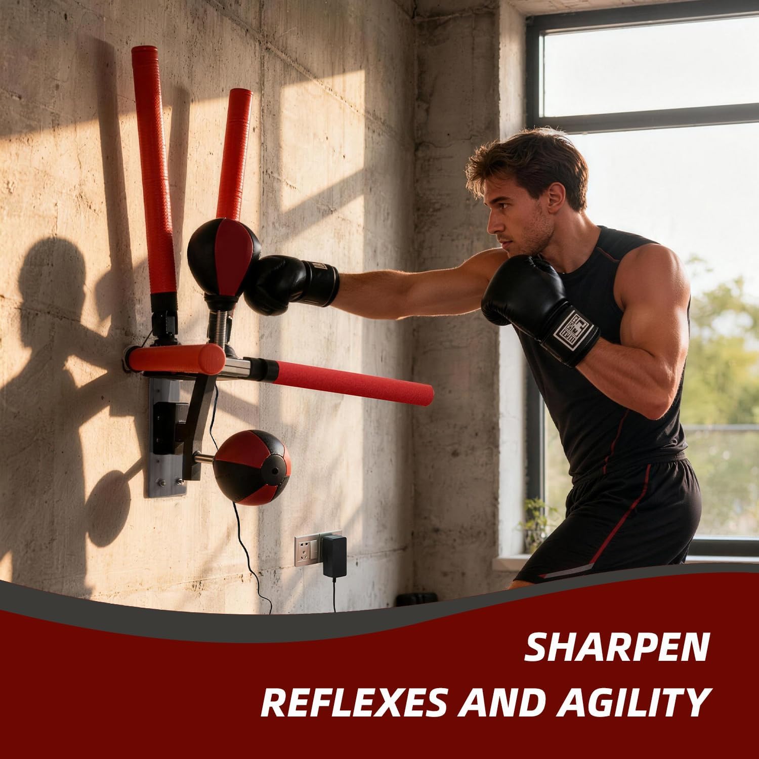 Smart Boxing Reflex Trainer - Wall-Mounted Punching System with 4 Striking Poles & 2 Speed Balls, 3 Modes, Adjustable Height to Improve Reaction Speed & Stamina