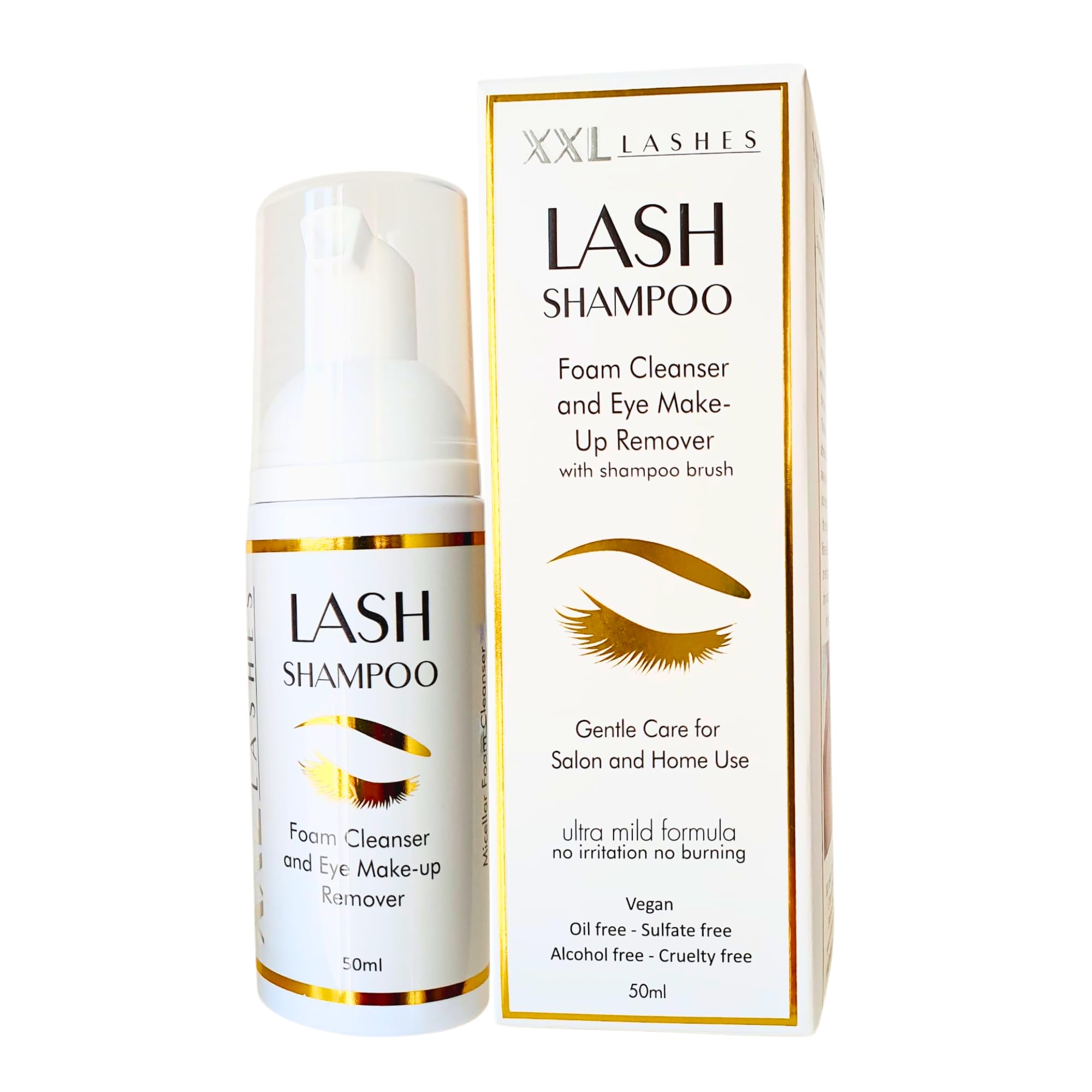 XXL Lashes Shampoo per extension ciglia, detergente schiumogeno, struccante, 50 ml con spazzolino per shampoo per ciglia e sopracciglia, cura ciglia con pennello per lavaggio