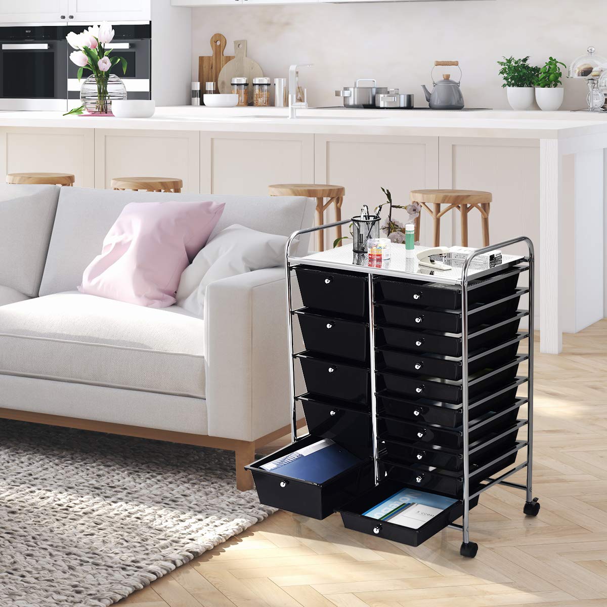 Carrito de almacenamiento de 15 cajones con ruedas bloqueables, organizador móvil multiusos para el hogar, oficina, papelería, belleza y salón de belleza, carrito rodante (negro)