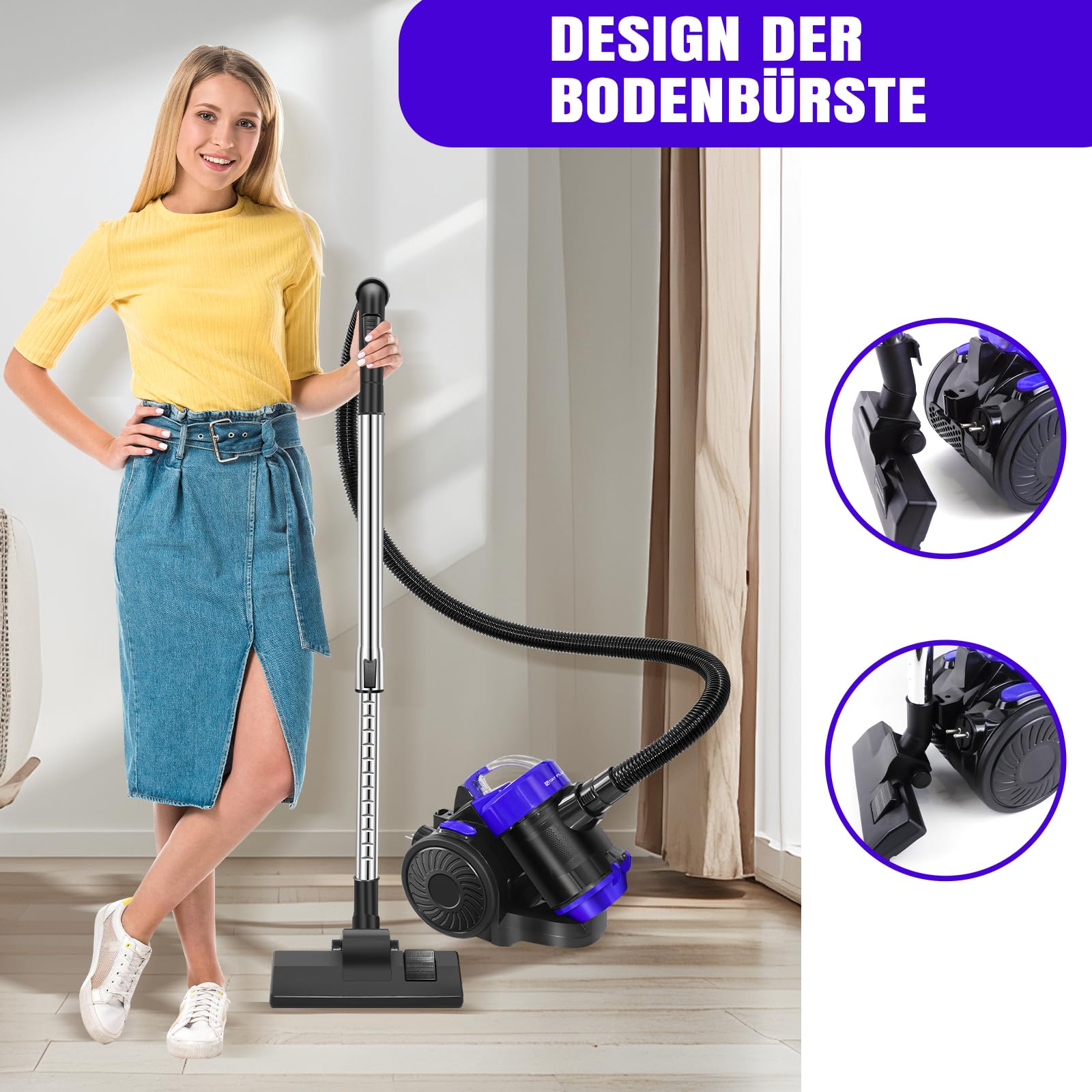 Aspirateur cyclonique sans sac 1000 W Cylindre puissant filtre HEPA Buse sol dur tapis 1,5 l réservoir poussière 10 m rayon travail