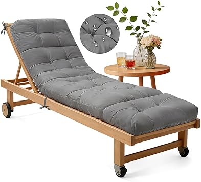 Outdoor Chaise Lounge Chair Cushion - Waterproof 74.8 x 21.7 x 4.7 Inches Memory Foam Pool Lounge Chair Cushions Replacement for Outdoor Furniture with Ties Thickened Pool Chair Cushions, Grey