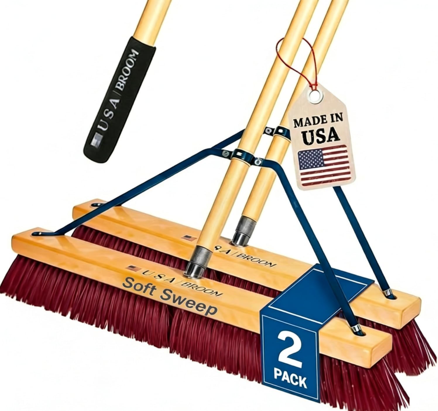 4-Pack - 36" Everyday Sweep Indoor/Outdoor Push Broom with 60" Handle. Ideal for Garages & Shops. Durable American Made Steel Brackets-All Stainless Steel Hardware. No Plastic. 100% USA Made
