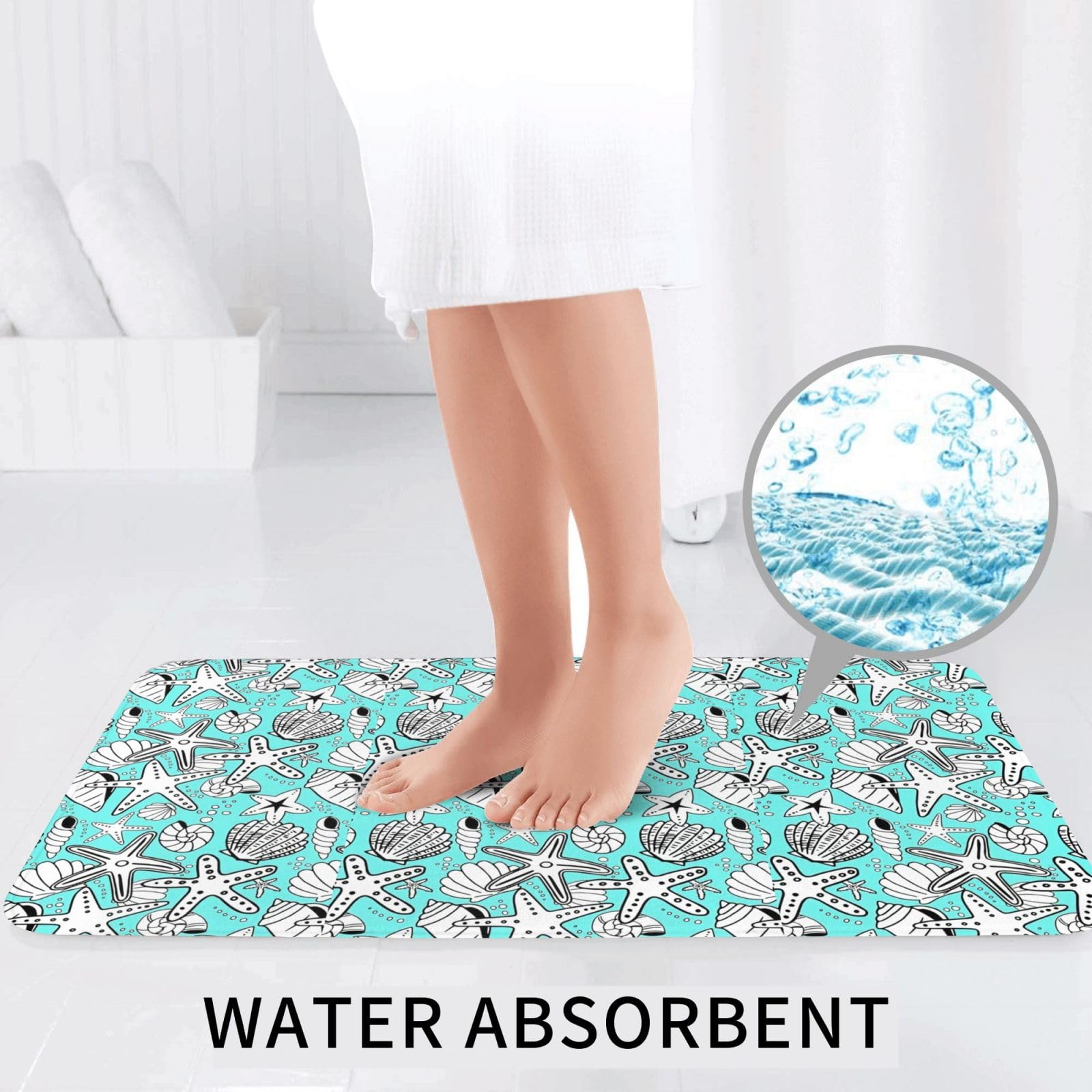 BREAUX Magnifique tapis de sol antidérapant imprimé étoiles de mer, tapis de bain antidérapant pour salle de bain, tapis de douche 3 pièces