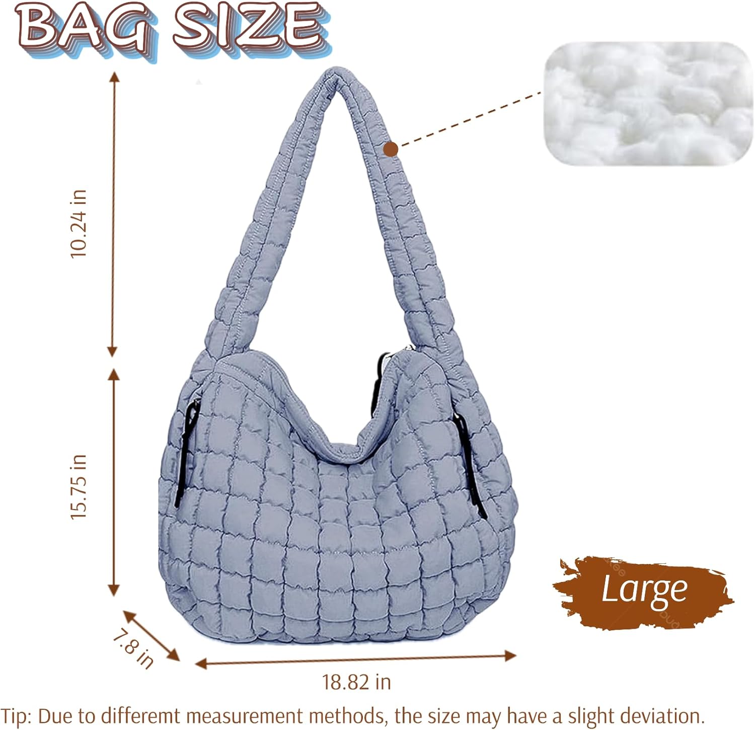 Quilted Puffer Hobo Bag, Large Nylon Crossbody Shoulder Tote, Lightweight Puffy Handbag with Zipper