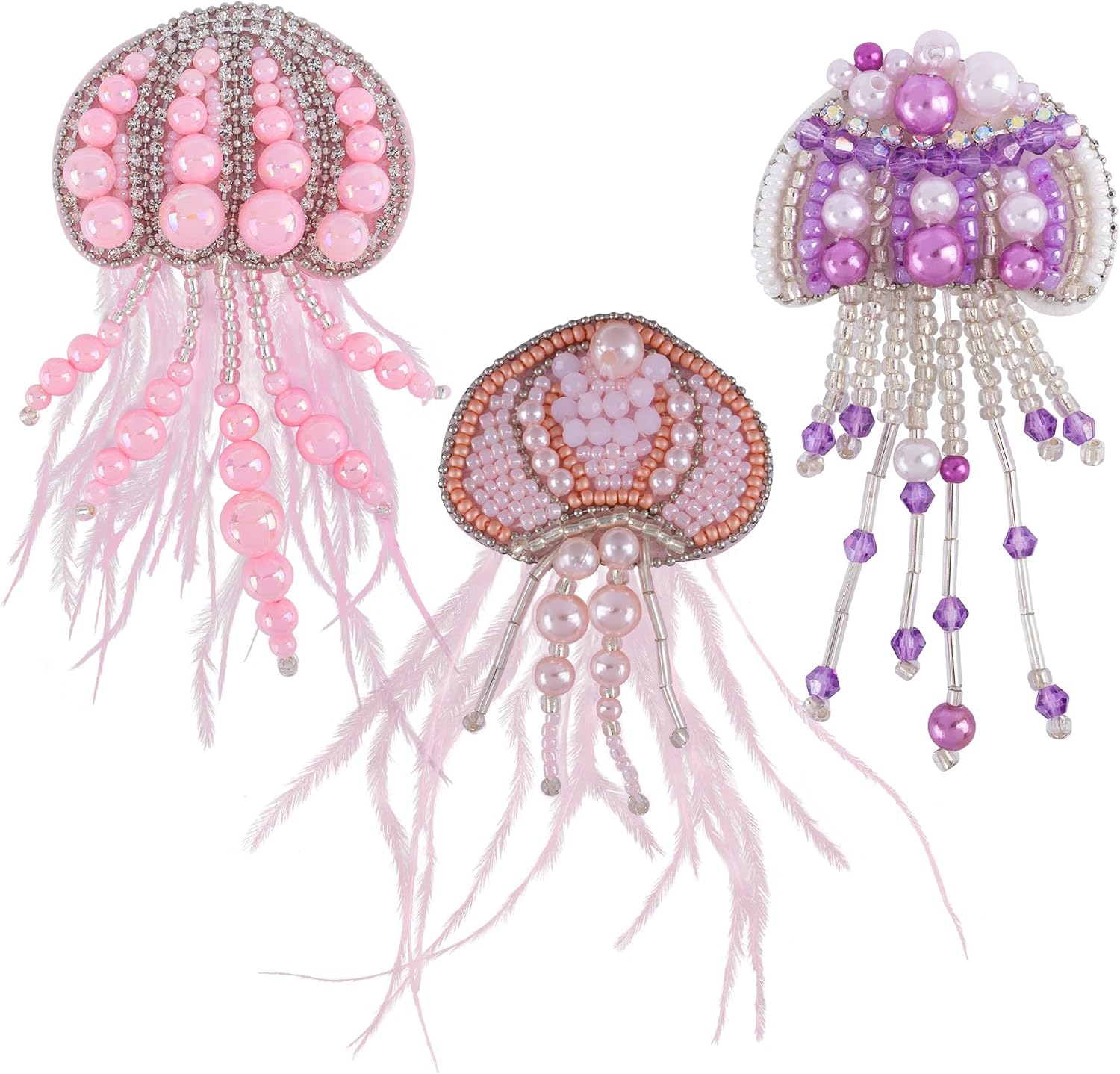3 Pack Jellyfish Beaded Patches with Feather Tassel Jelly Fish Sew on Applique for Clothes Dress Pink Purple