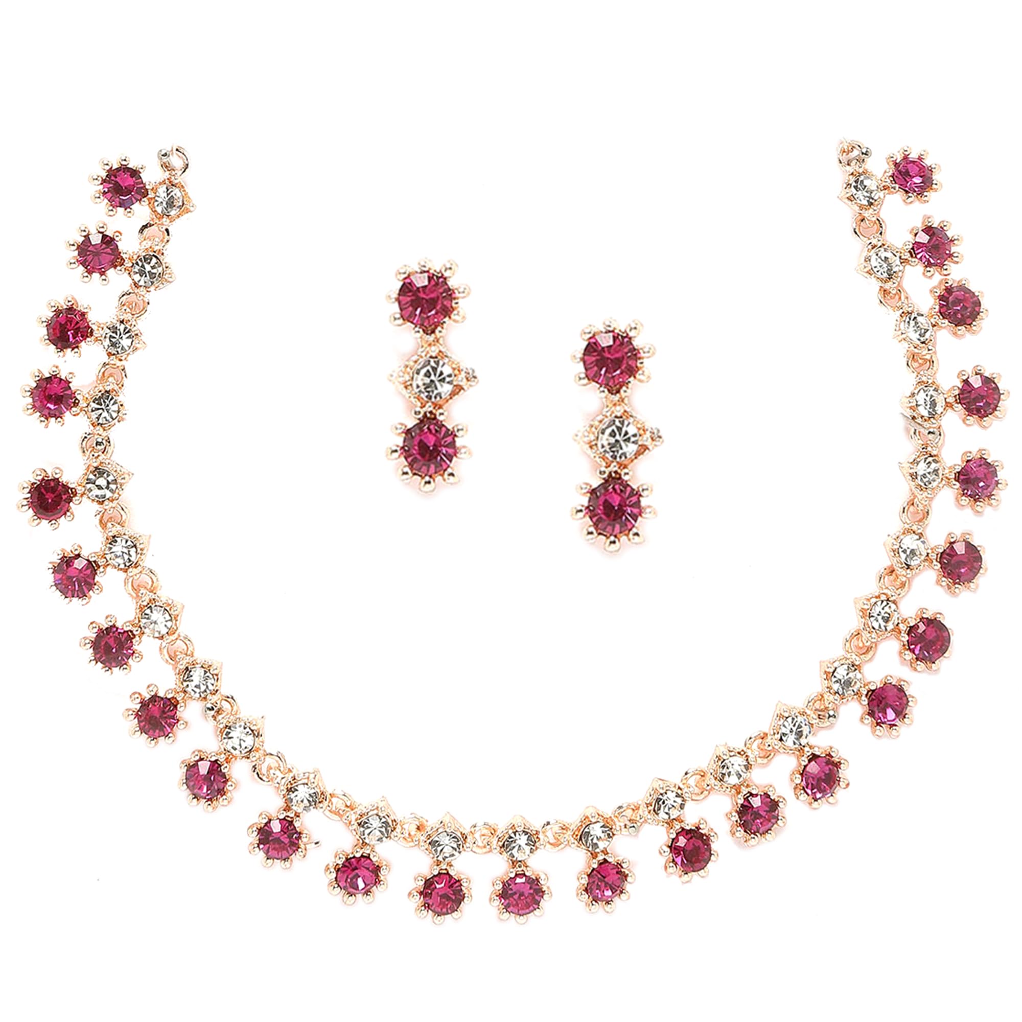 Rose Gold-Plated American Diamond Studded Star Shaped Necklace With Earrings Jewellery Set For Girls and Women