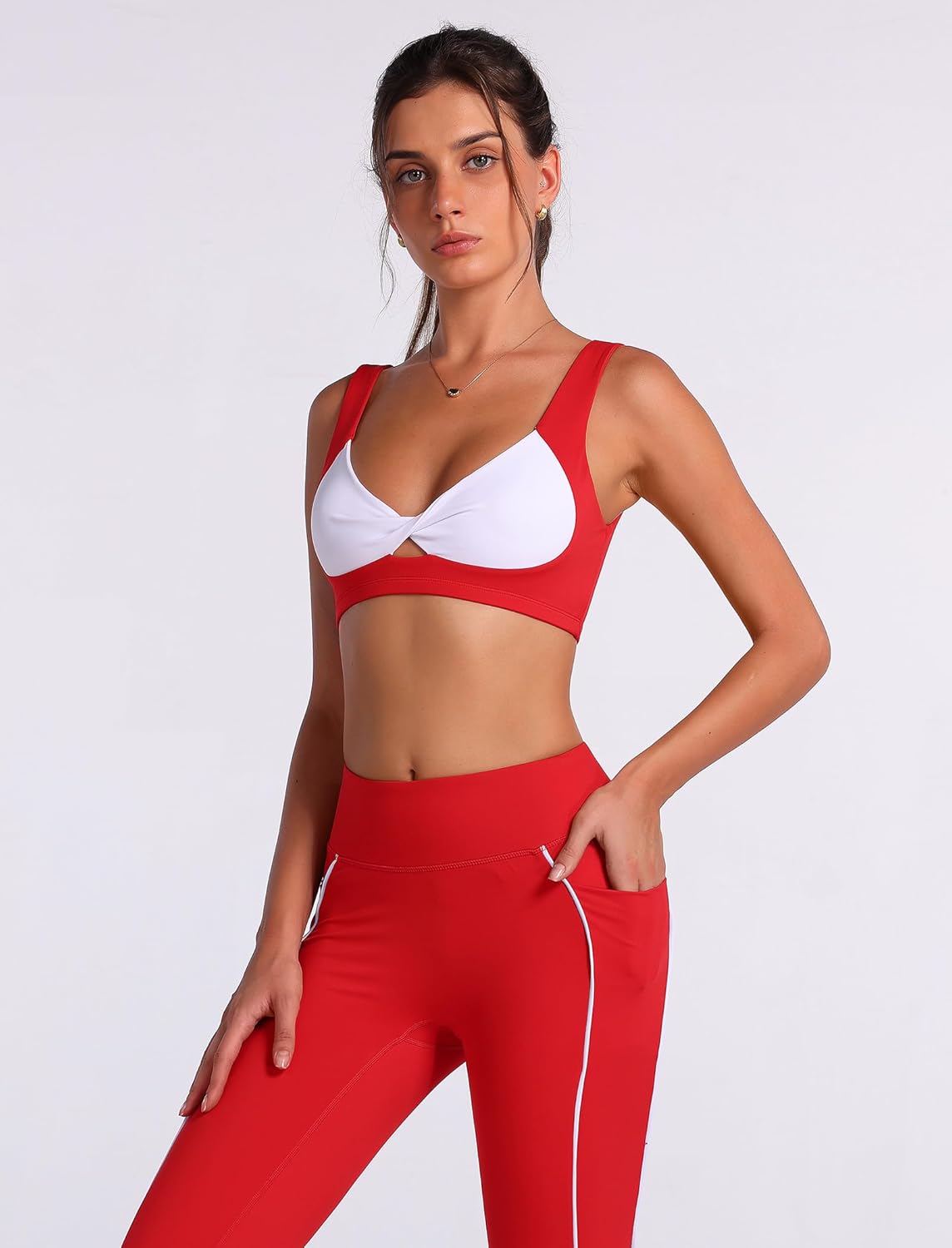 AGYMNX Workout Sets for Women Contrast Panel Tie Front Sports Bra and Butt-lifting Pants Active Jogger 2 Pieces Outfits