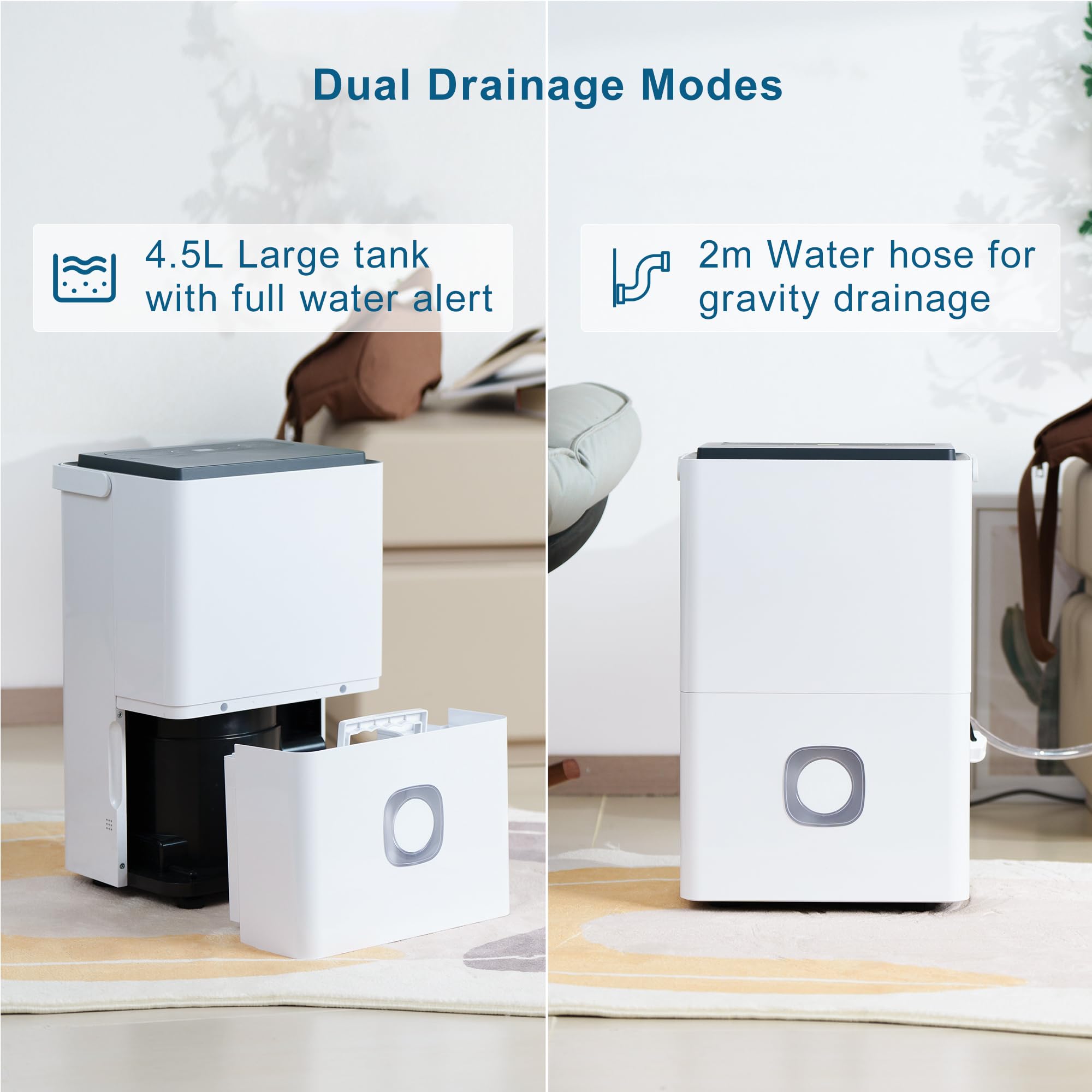 Deumidificatore Casa Muffa Elettrico: 65L/24h Deumidificatori Ambienti 120㎡Serbatoio 4.5L Scarico Continuo Modalità Smart Silenzioso e Portatile per Bagno Cantina Ufficio Garage Appartamento