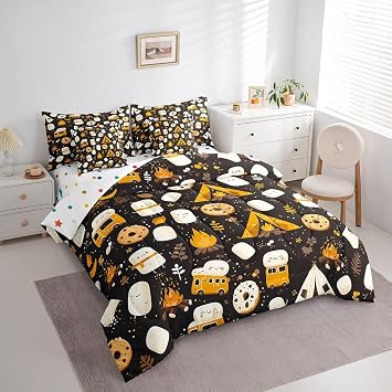 Feelyou Cute Marshmallow Comforter Set with Sheets Twin Size Kids Kawaii S'Mores 7 Pieces Bedding Set for Boys Girls Teens Doughnut Candy Bed in a Bag Breathable Happy Camping Bed Set Tent Fire