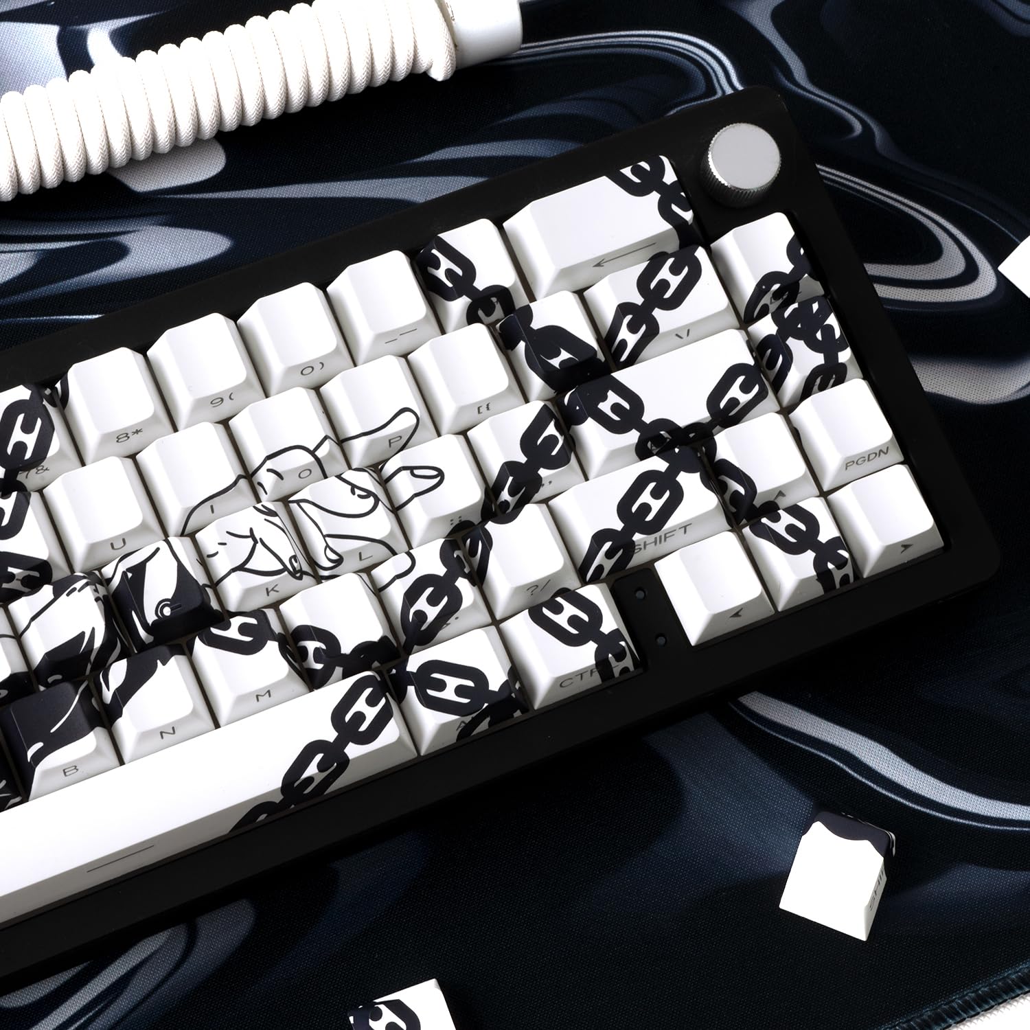 PBT Material Cherry Profile Japanische weiße Ketten Custom Shine Through Backlit Keycaps 75 Prozent 131 Key Shine-Through Side Graviert Custom Keycaps Set für mechanische Tastatur